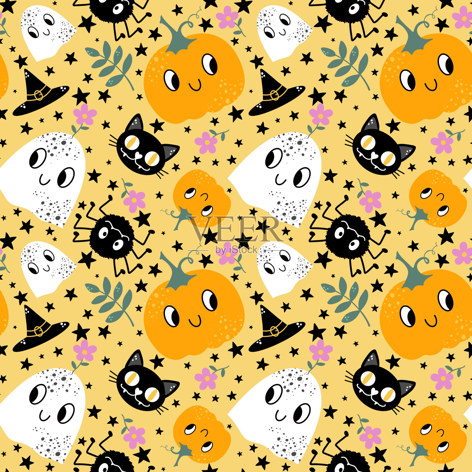 万圣节无缝南瓜图案用于织物和纺织品及包装插画图片素材