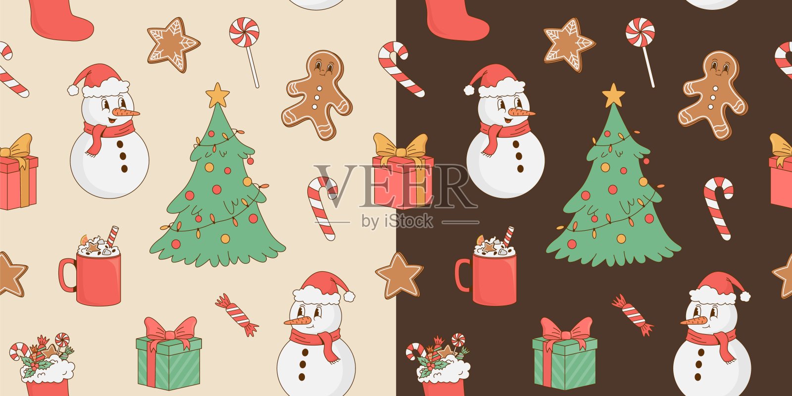 圣诞无缝图案与复古卡通圣诞树，雪人，姜饼，礼盒，咖啡杯，糖果插画图片素材