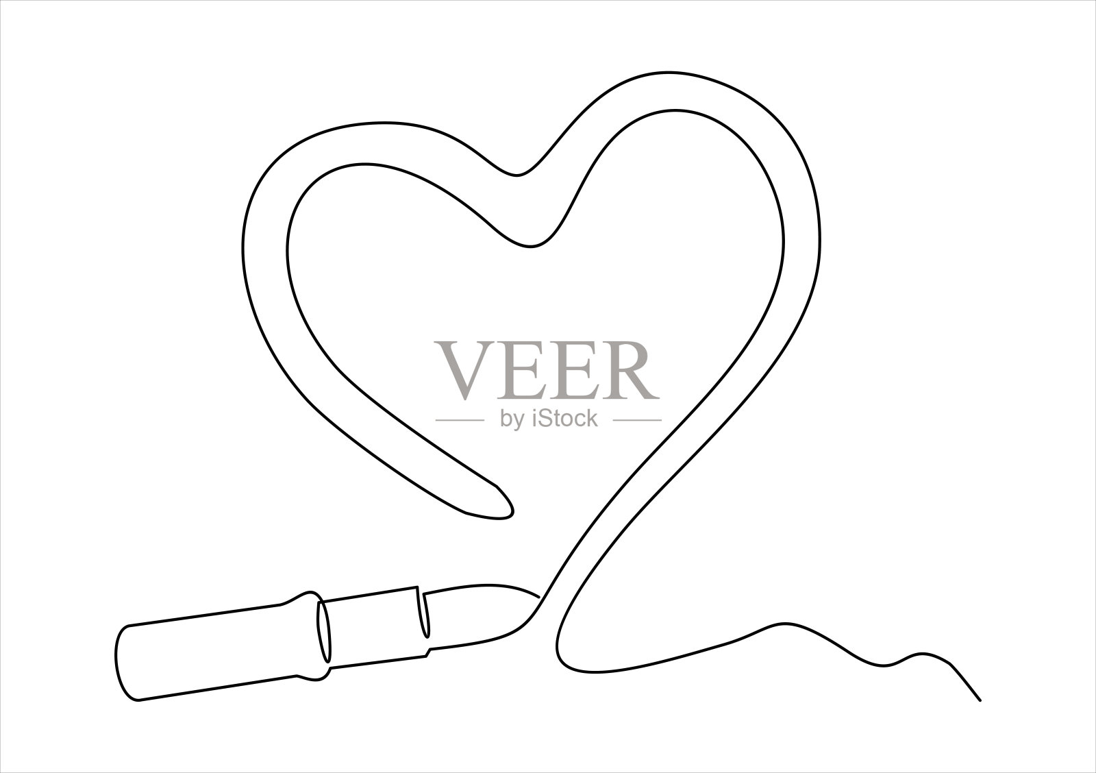 连续线条绘制。心是由口红画出来的。白色背景上孤立的黑色。手绘矢量插图。插画图片素材