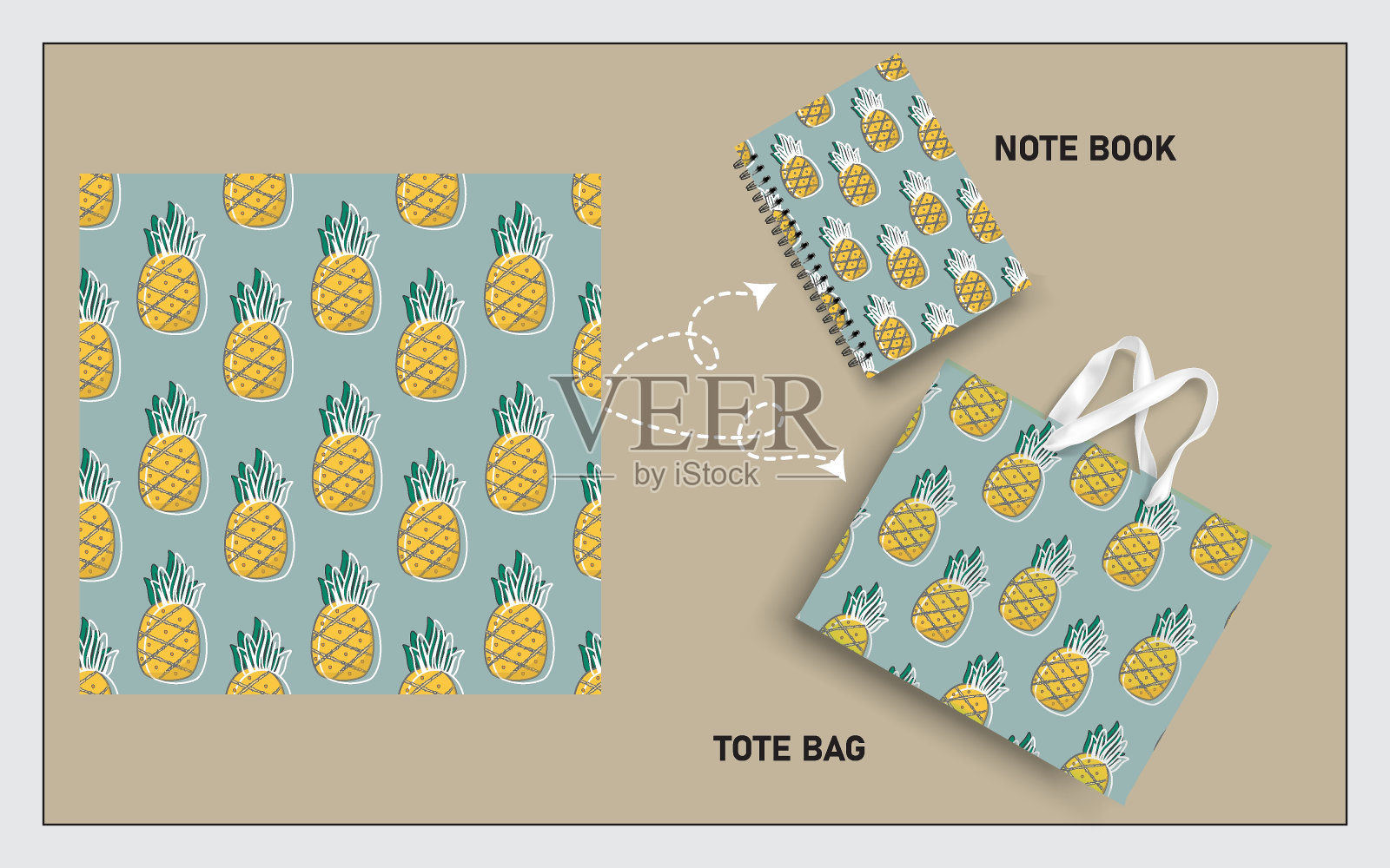 模拟手提袋和笔记本与菠萝水果，叶无缝图案。插画图片素材