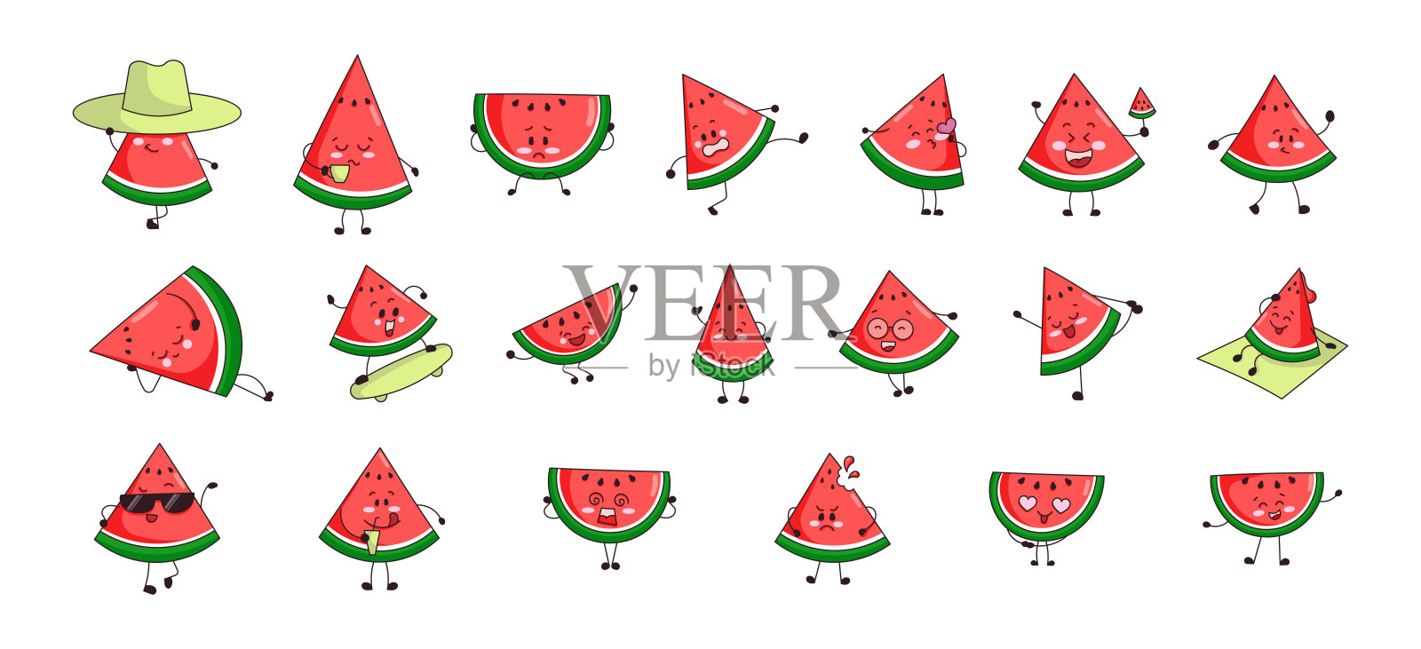 可爱的西瓜角色。有趣的热带水果卡通片。夏天的时间。矢量图。设计元素的集合。插画图片素材