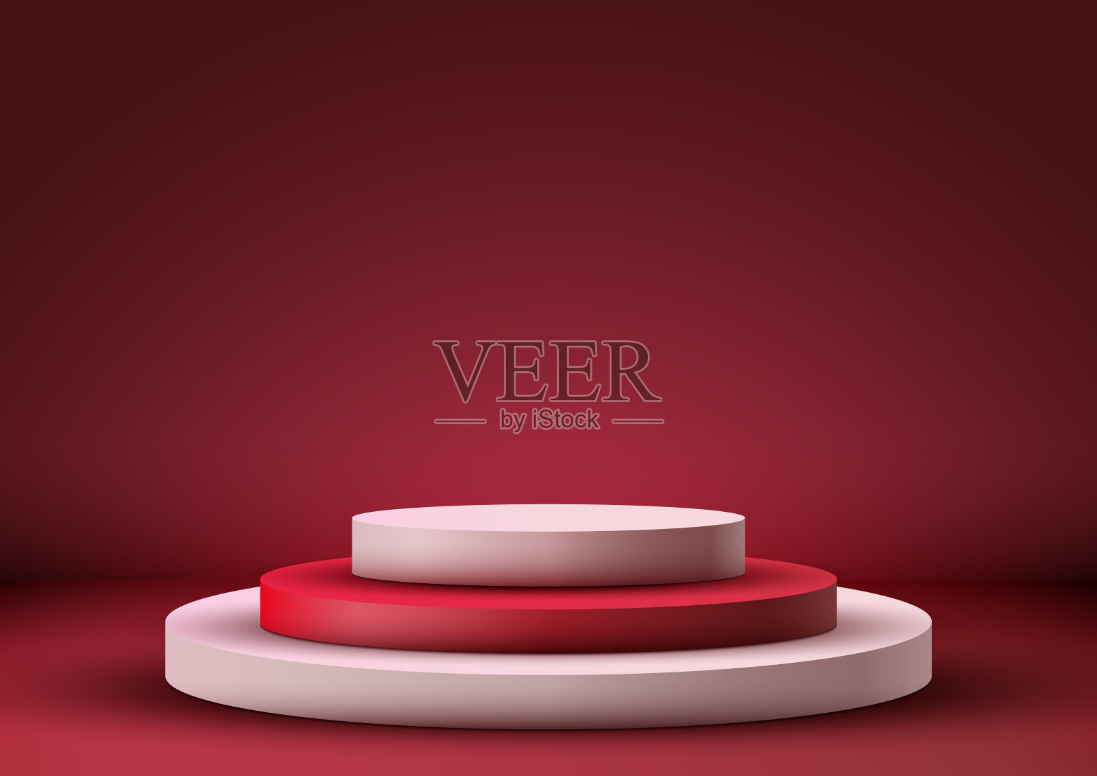 3D逼真的空红色和白色的讲台步骤站在红色背景最小的墙场景插画图片素材