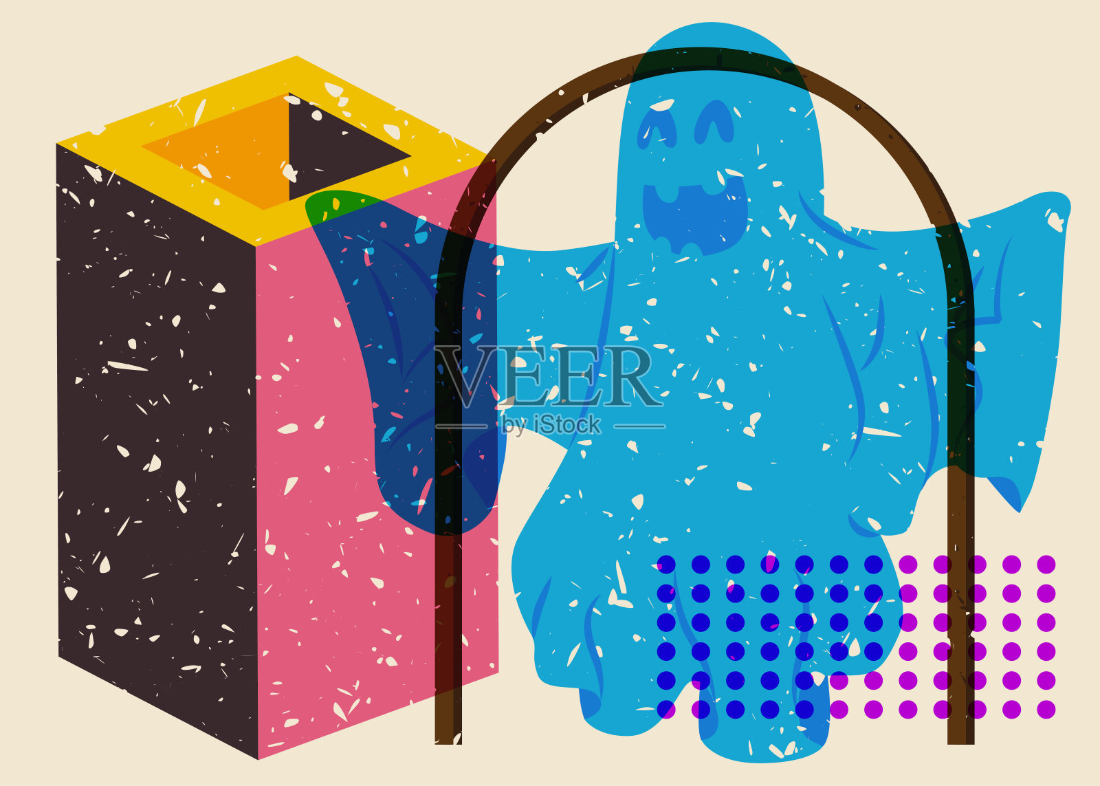 Risograph万圣节幽灵与几何形状。假日里时髦的riso图形设计。几何元素和幽灵般的超自然实体与抽象的打印纹理风格。插画图片素材