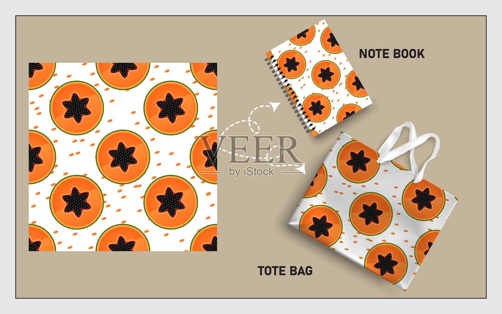 模拟手提袋和笔记本与切片木瓜无缝模式矢量。插画图片素材