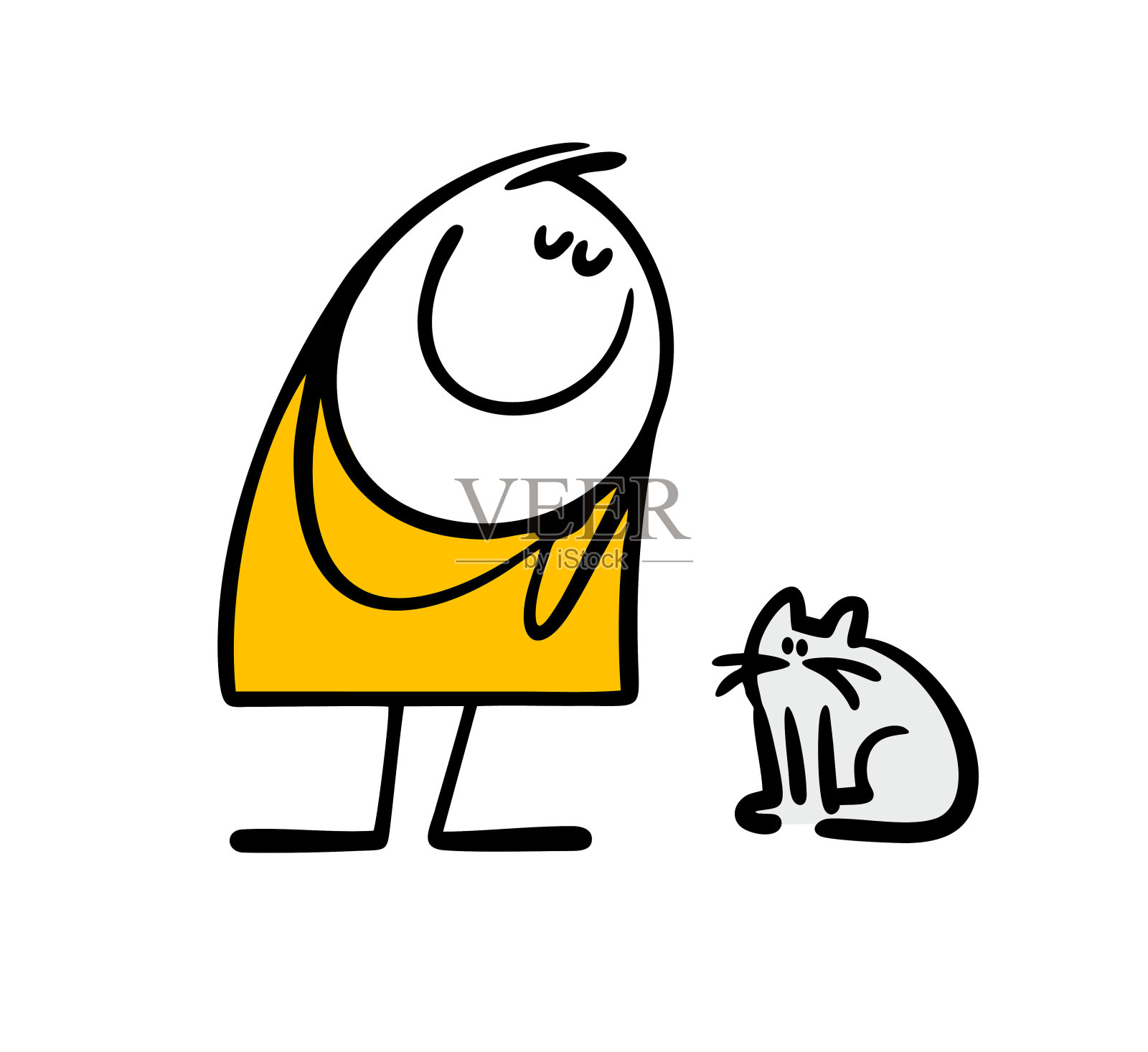 浪漫的简笔画胖女人遇到了一只猫，被它的甜蜜感动了。矢量插图灰色小猫和敏感的女性棍棒，一个动物爱好者。插画图片素材