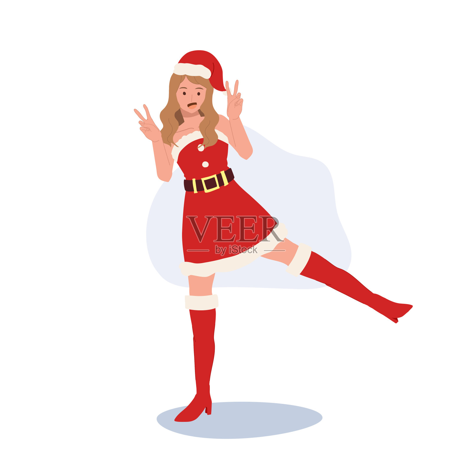 穿着圣诞老人服装微笑的年轻女子。穿着圣诞老人服装的漂亮女孩。节日插图。插画图片素材