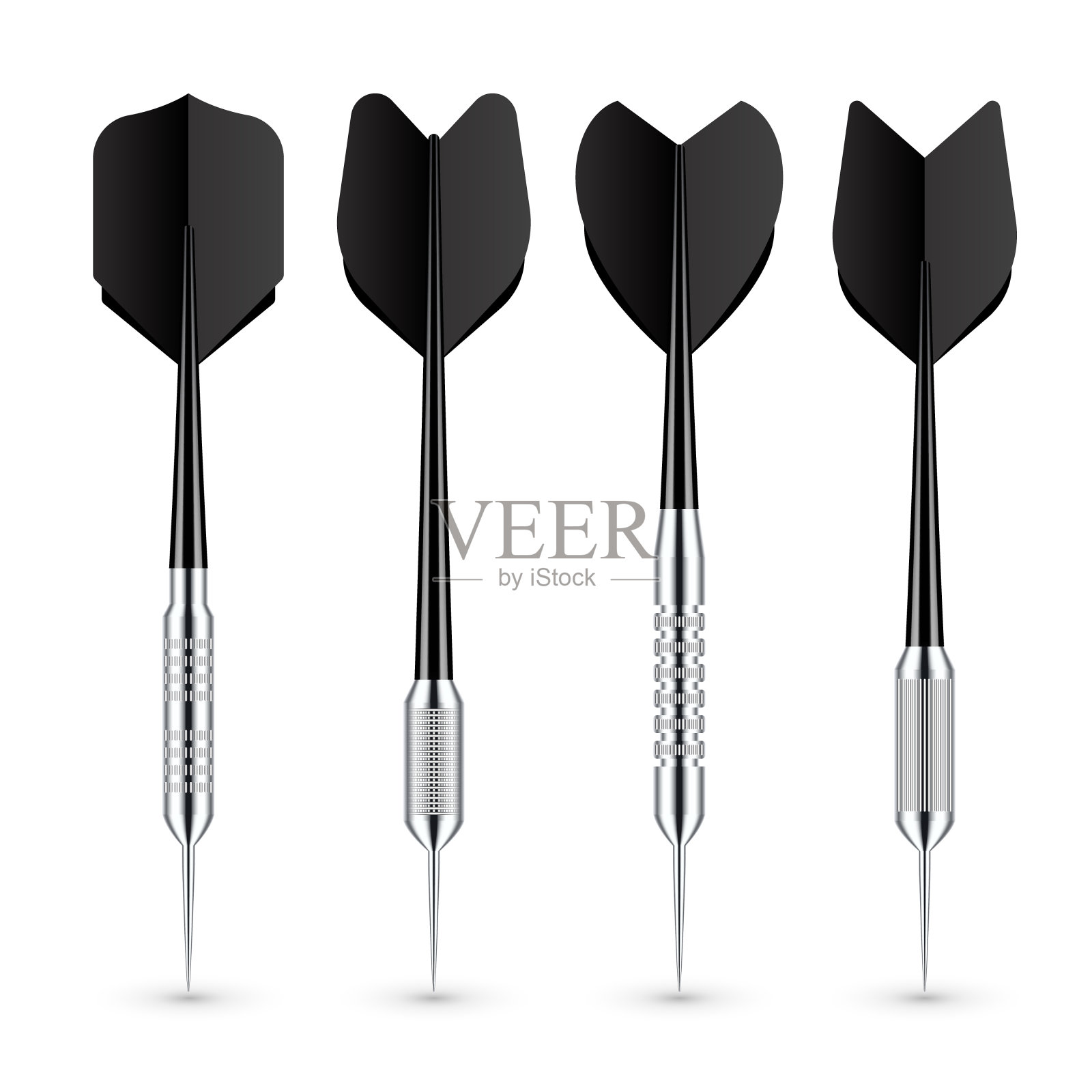 带有金属尖端和阴影的黑色飞镖箭。投掷飞镖运动游戏，飞镖器材。矢量图插画图片素材