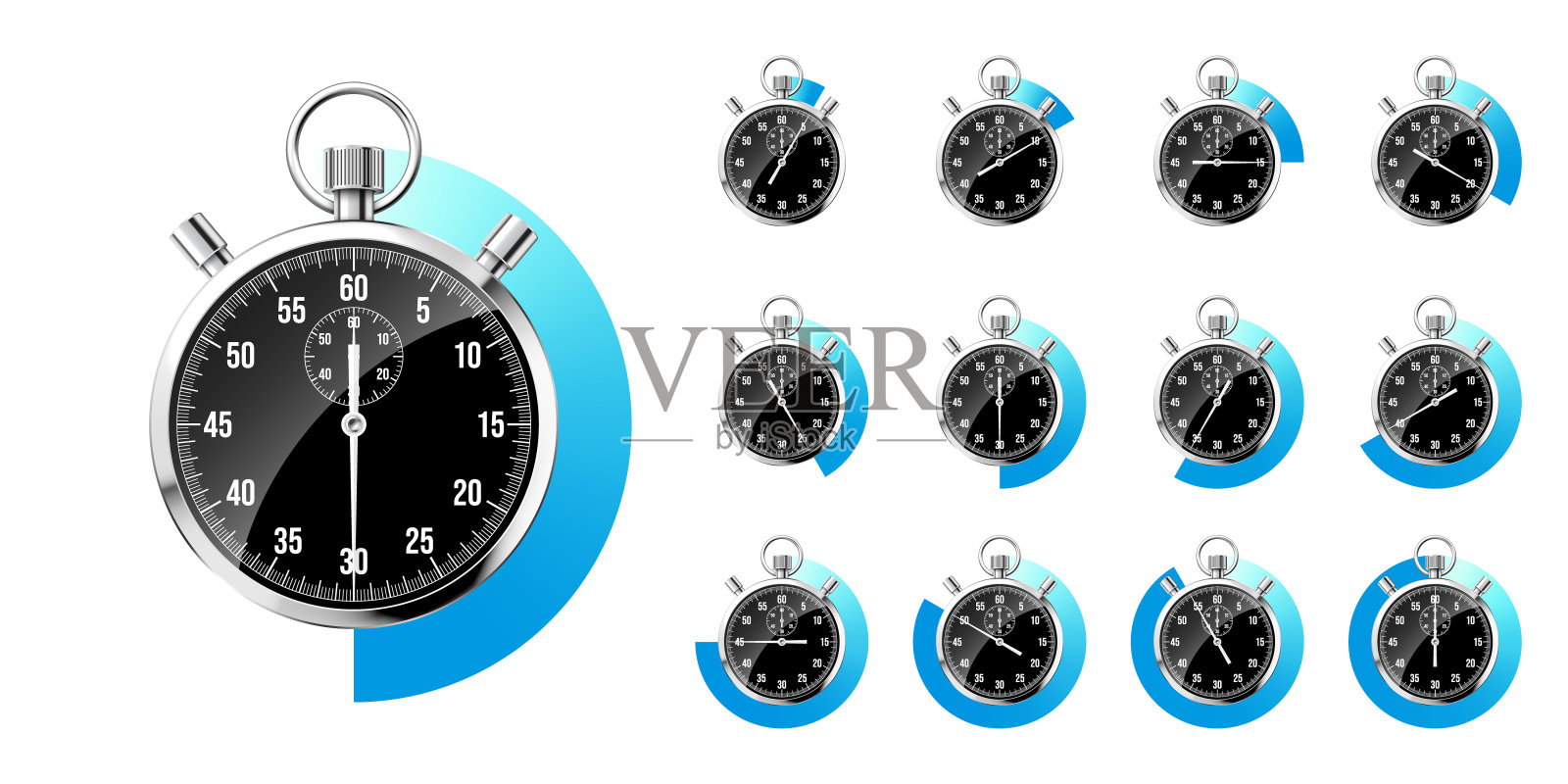 现实的经典秒表。闪亮的金属计时器，带表盘的黑色时间计数器。蓝色倒计时计时器显示分和秒。运动，开始和结束的时间测量。矢量图插画图片素材