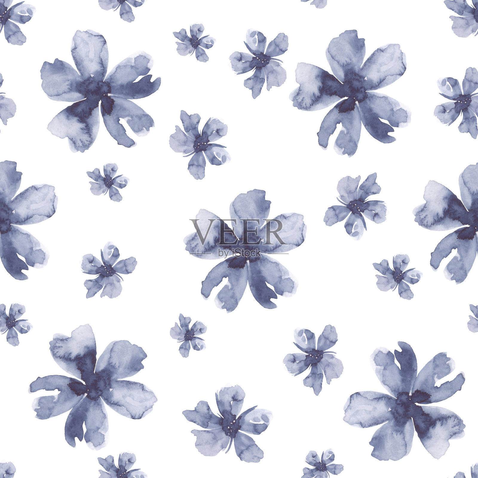 无缝模式与蓝色水彩花在一个白色的背景，手绘。插画图片素材