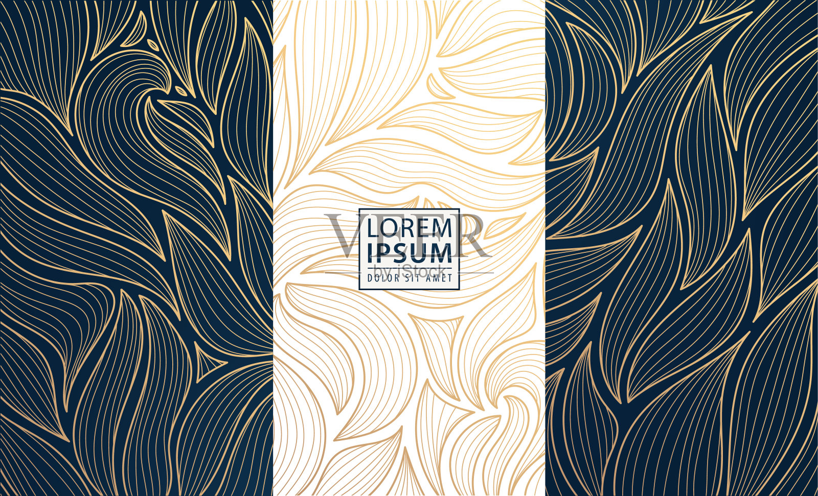 一套矢量艺术装饰标签，框架，婚礼请柬，包装，豪华盒子设计，香水，肥皂，葡萄酒。线条金色的背景，花卉图案与树叶插画图片素材