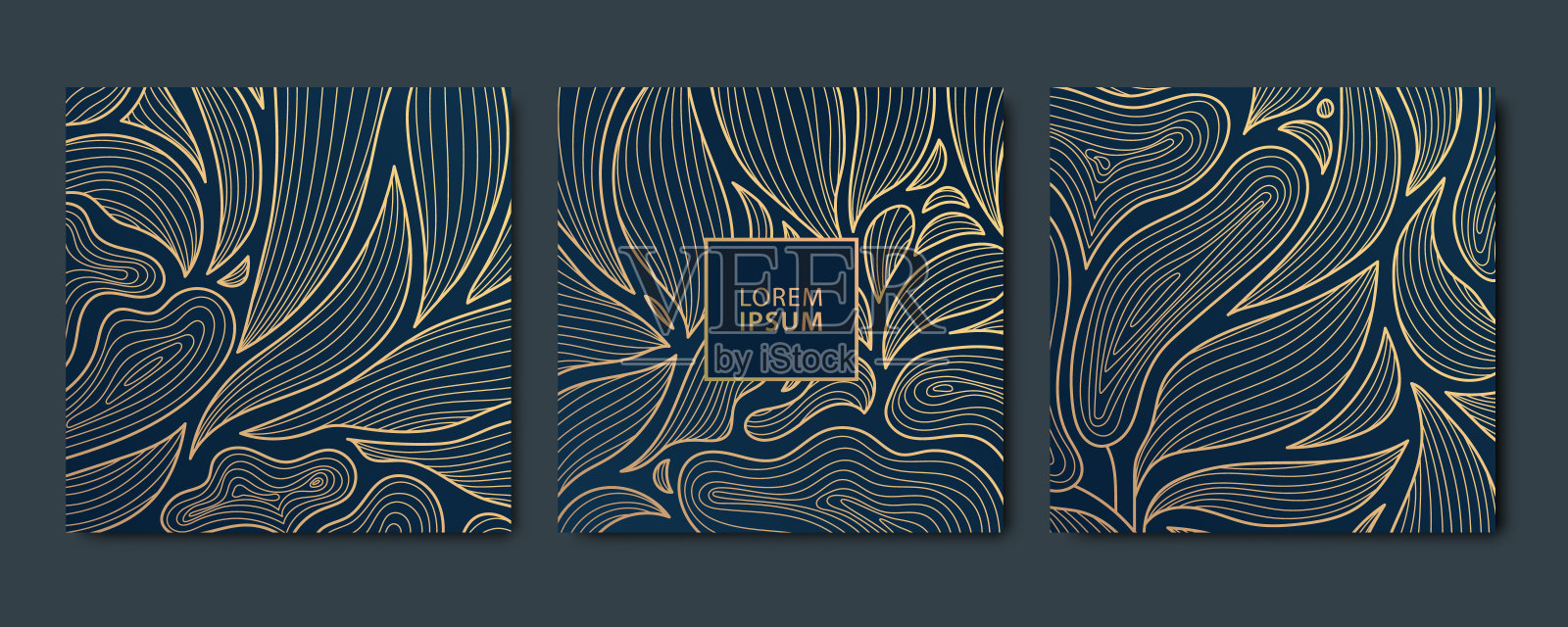 矢量集抽象的豪华金色方卡，波后模板的社会网络，树叶植物现代，装饰艺术壁纸背景。日本风格的线条花卉图案插画图片素材