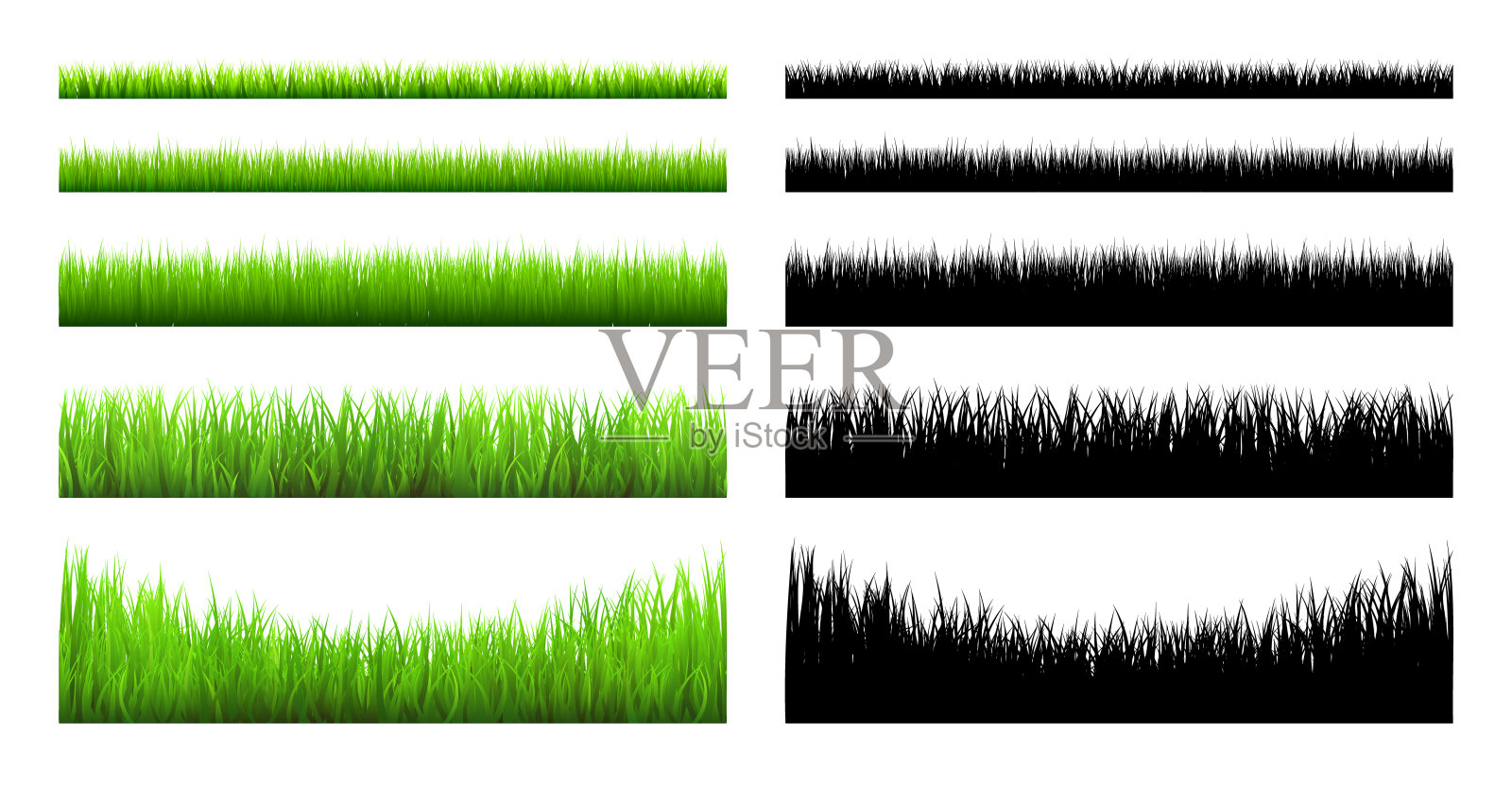 草地剪影与草，植物在平原上。绿色和黑色的夏季全景草坪景观，草本植物，各种杂草。草本边框，框架元素。水平的横幅。矢量图插画图片素材