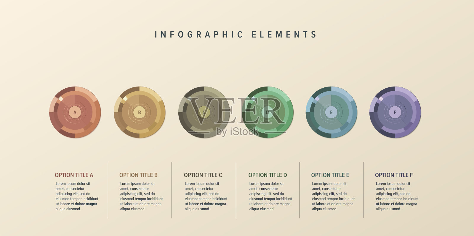 带有6个步骤圈的业务流程图信息图。圆形工作流图形元素。公司流程图演示幻灯片。平面设计中的矢量信息图形插画图片素材