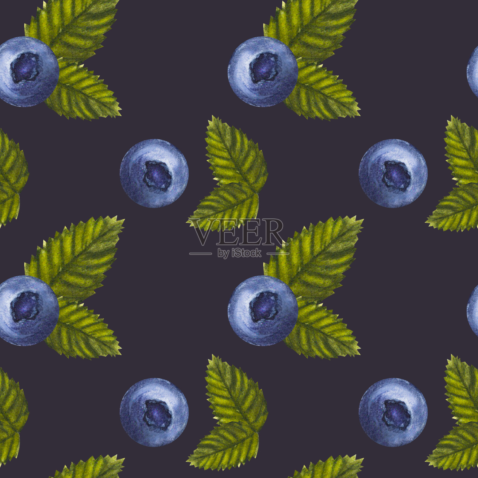 蓝莓，浆果和树叶无缝无尽的图案。植物剪纸艺术。手绘水彩插图在黑暗的背景。用于包装、织物、墙纸等插画图片素材