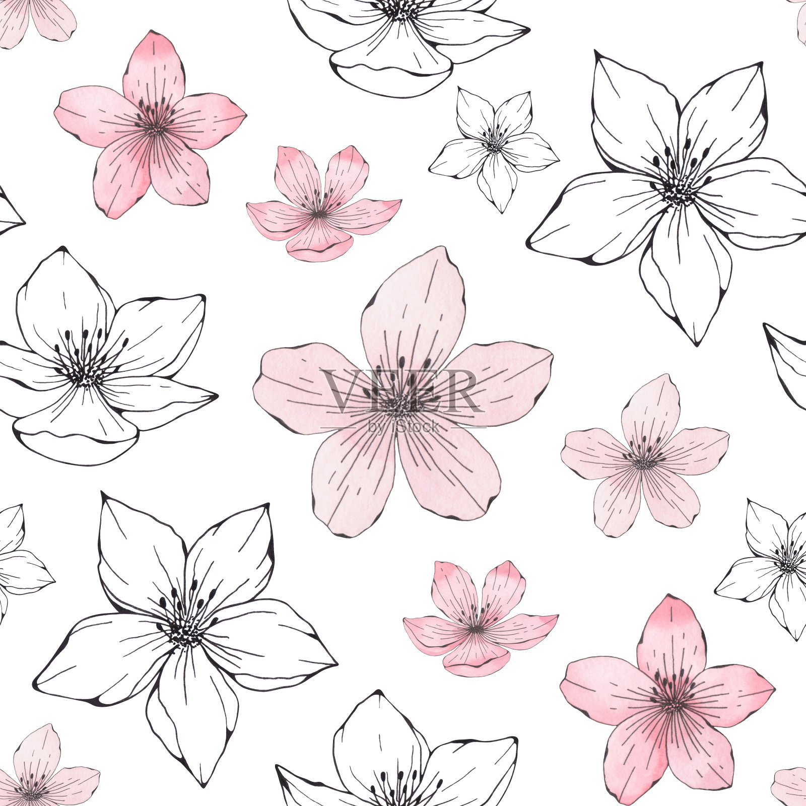 无缝图案与精致的水彩花在一个白色的背景，手绘。插画图片素材