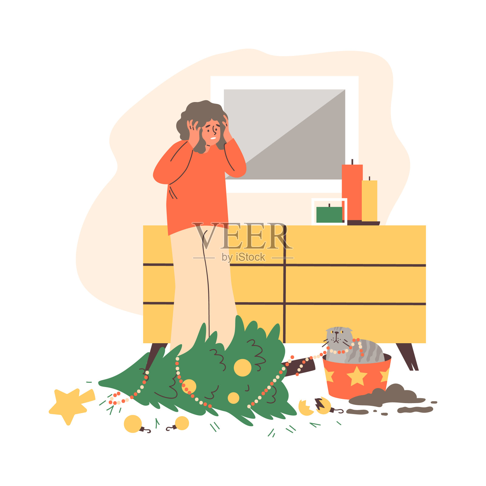 心烦的女人看着顽皮的猫和撞倒的圣诞树，平面矢量插图孤立在白色背景上。插画图片素材