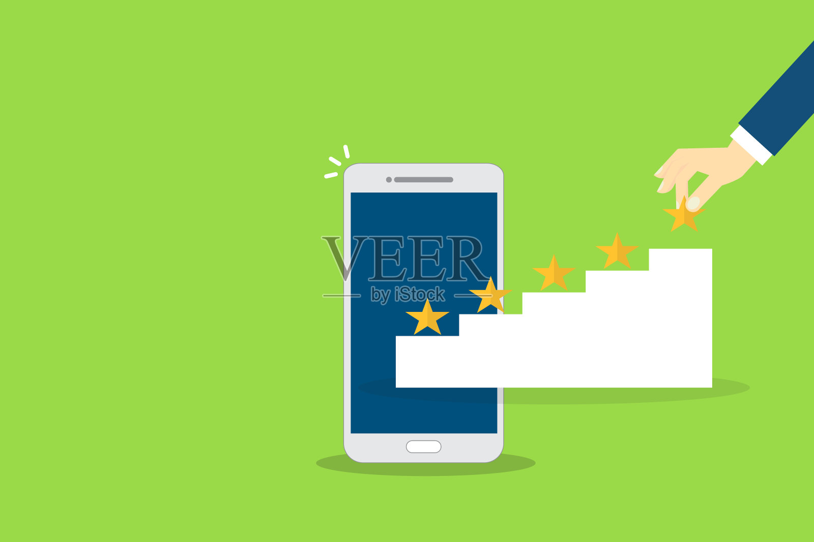 客户体验概念。在移动电话上对在线满意度调查进行满意客户评论五星评级。积极的反馈插画图片素材