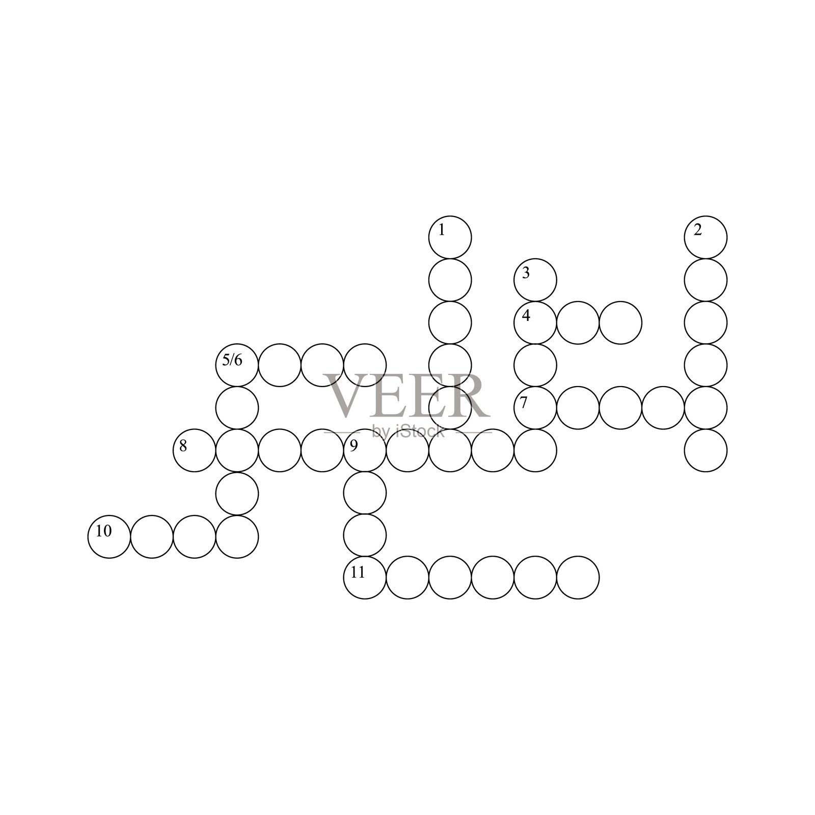 空白填字游戏网格，空白模板圆圈填充谜语，教育或休闲游戏，准备用于制作任何字谜插画图片素材