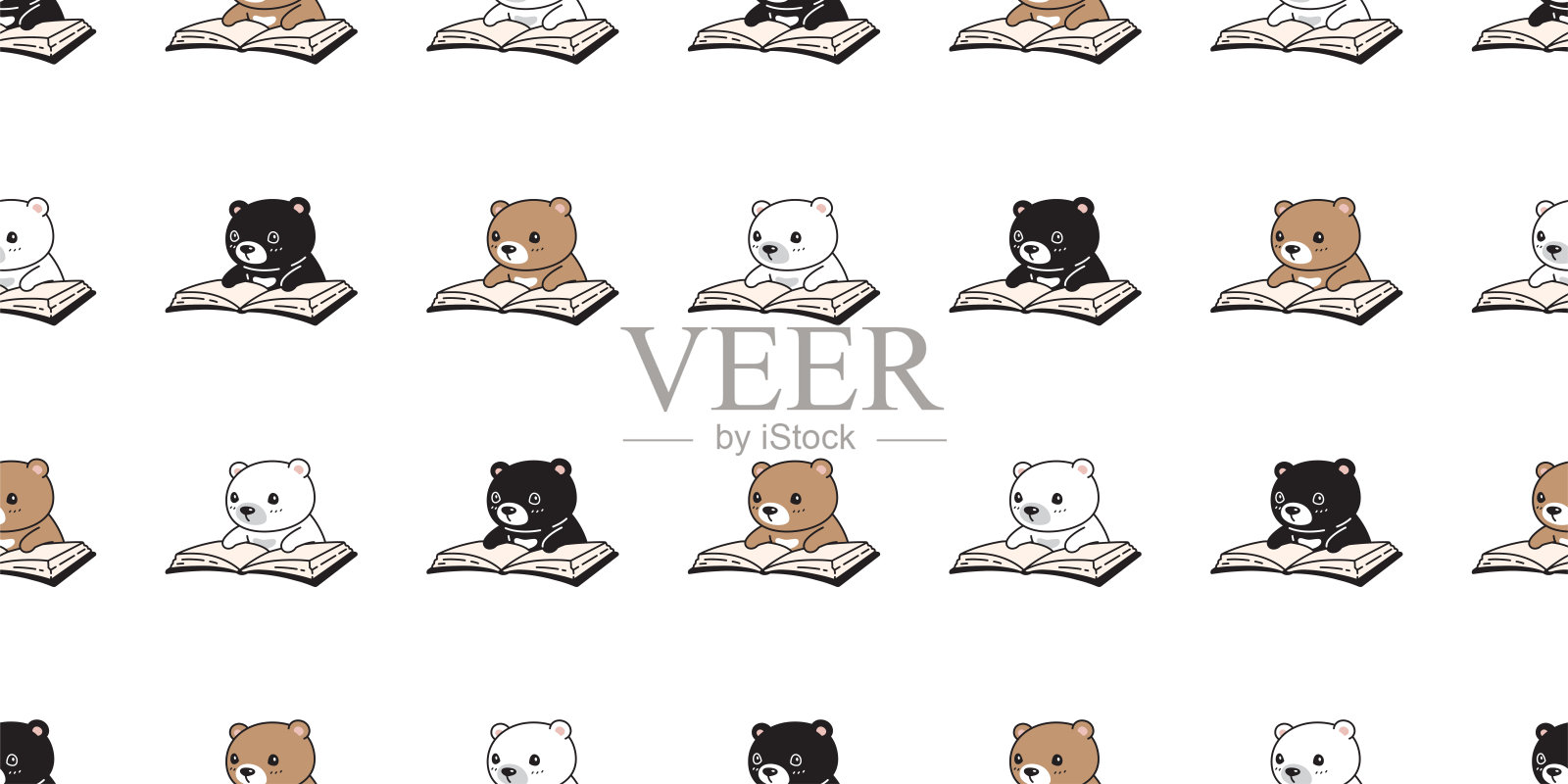 熊无缝图案北极熊阅读书涂鸦宠物矢量泰迪卡通礼物包装纸瓷砖背景重复壁纸围巾孤立的插图设计插画图片素材