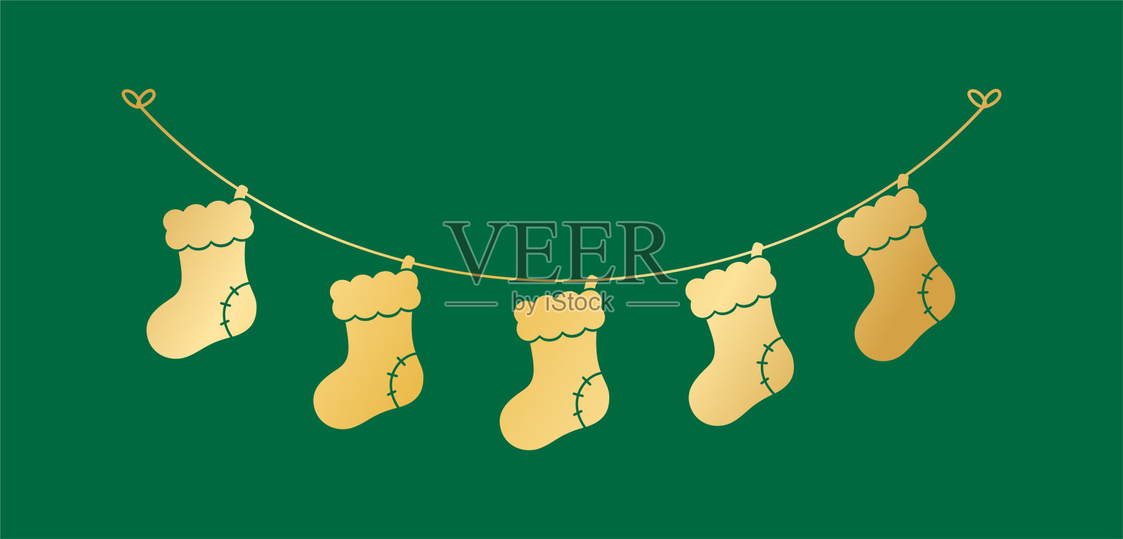 金色圣诞袜轮廓花环矢量插图，圣诞袜图形节日冬季假期狩猎插画图片素材