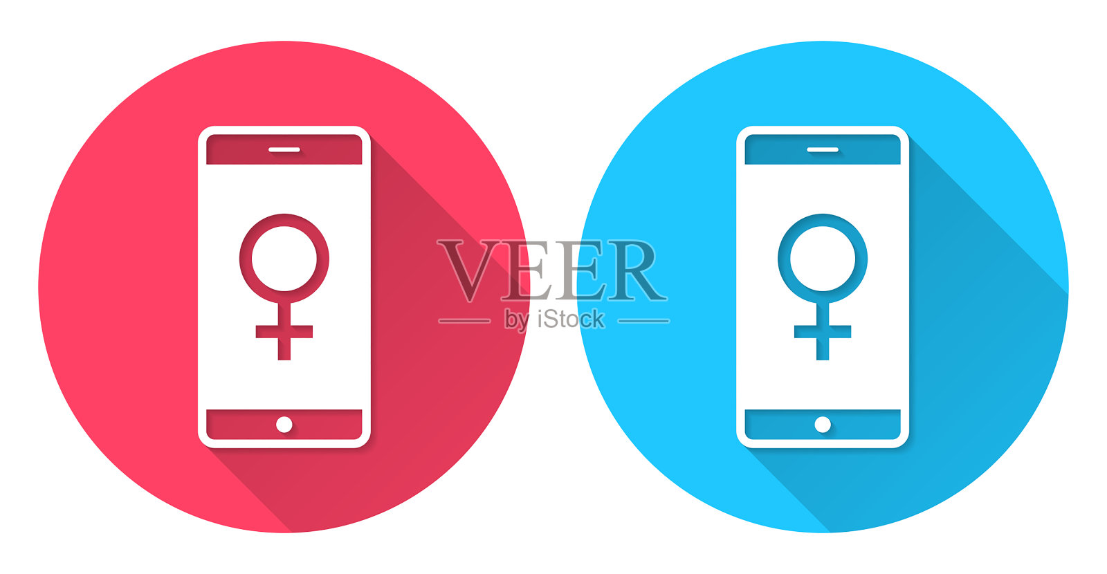 带有女性符号的智能手机。圆形图标与长阴影在红色或蓝色的背景插画图片素材