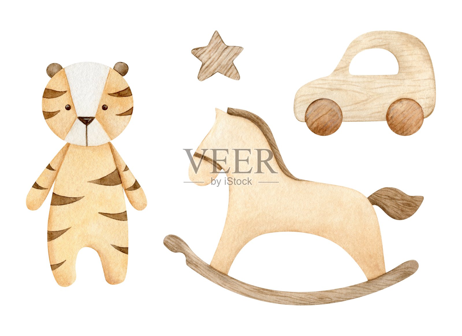 一套老虎娃娃，摇马，木车和星星。斯堪的纳维亚风格的生态婴儿玩具。水彩手绘插图孤立的背景。适合欢迎新生儿，邀请，婴儿淋浴，卡片，印刷。插画图片素材