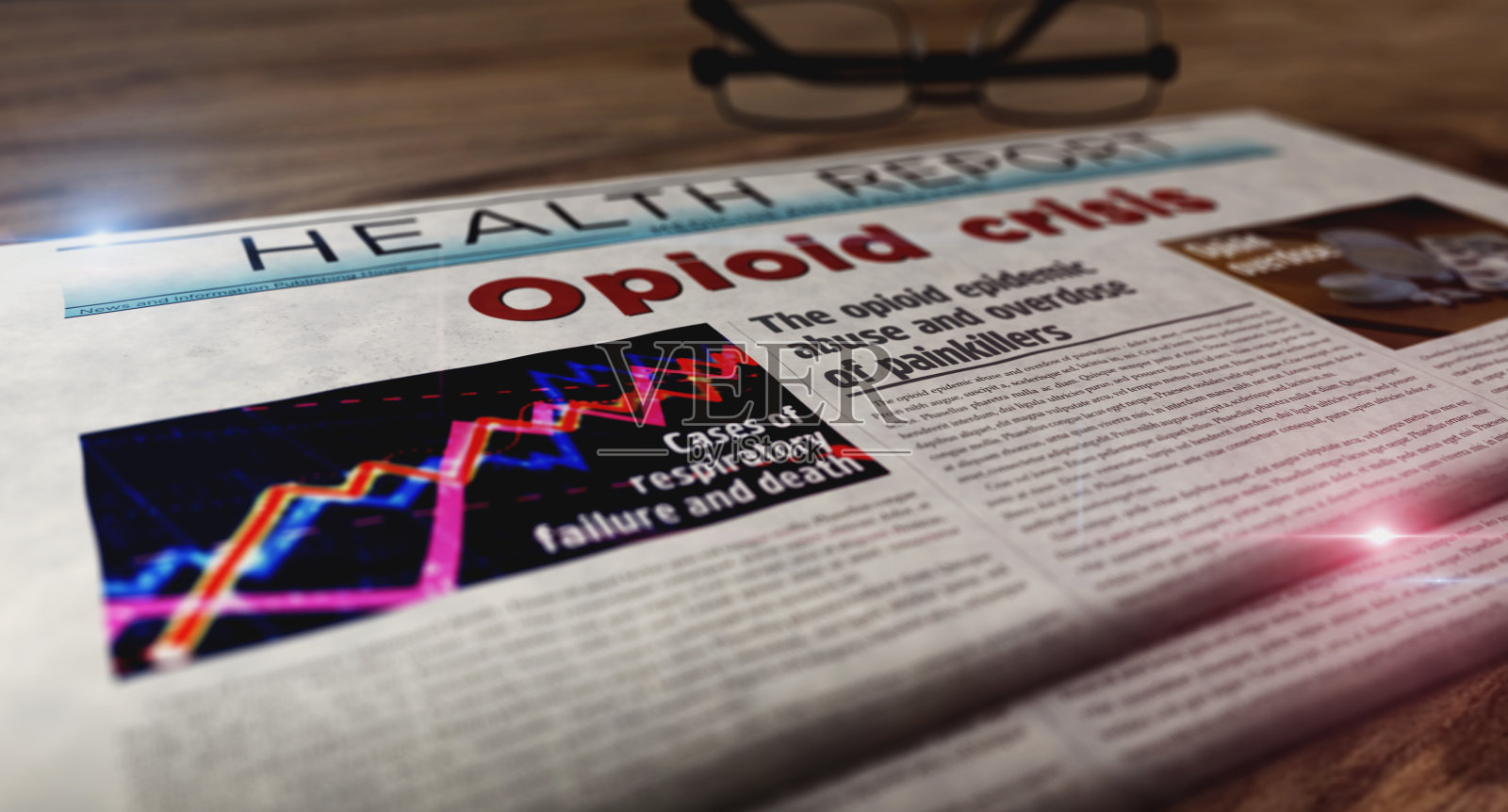 阿片类危机止痛药过量滥用报纸放在桌子上照片摄影图片