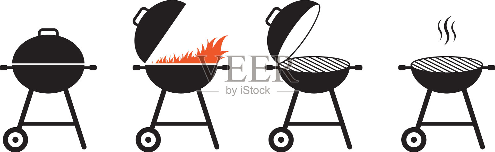 烧烤和烧烤图标设置烧烤标志与火插画图片素材