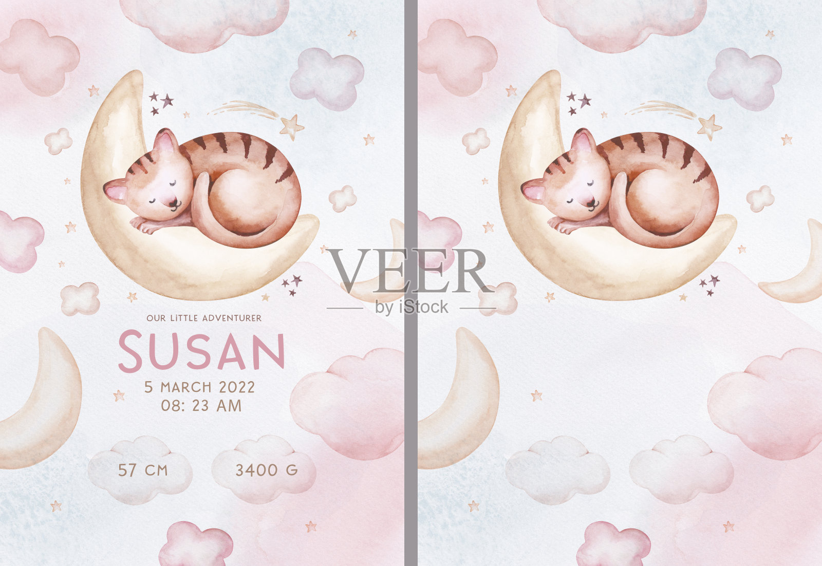 水彩手绘插图可爱的小鹿宝宝，小鹿睡在月亮和云。婴儿淋浴主题邀请生日模板插画图片素材