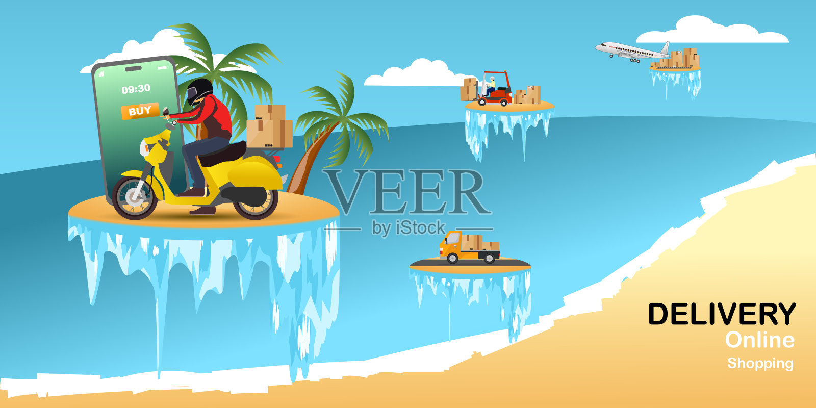 快递服务理念:在全球范围内提供快速的滑板车，飞机，卡车，叉车配送服务。插画图片素材