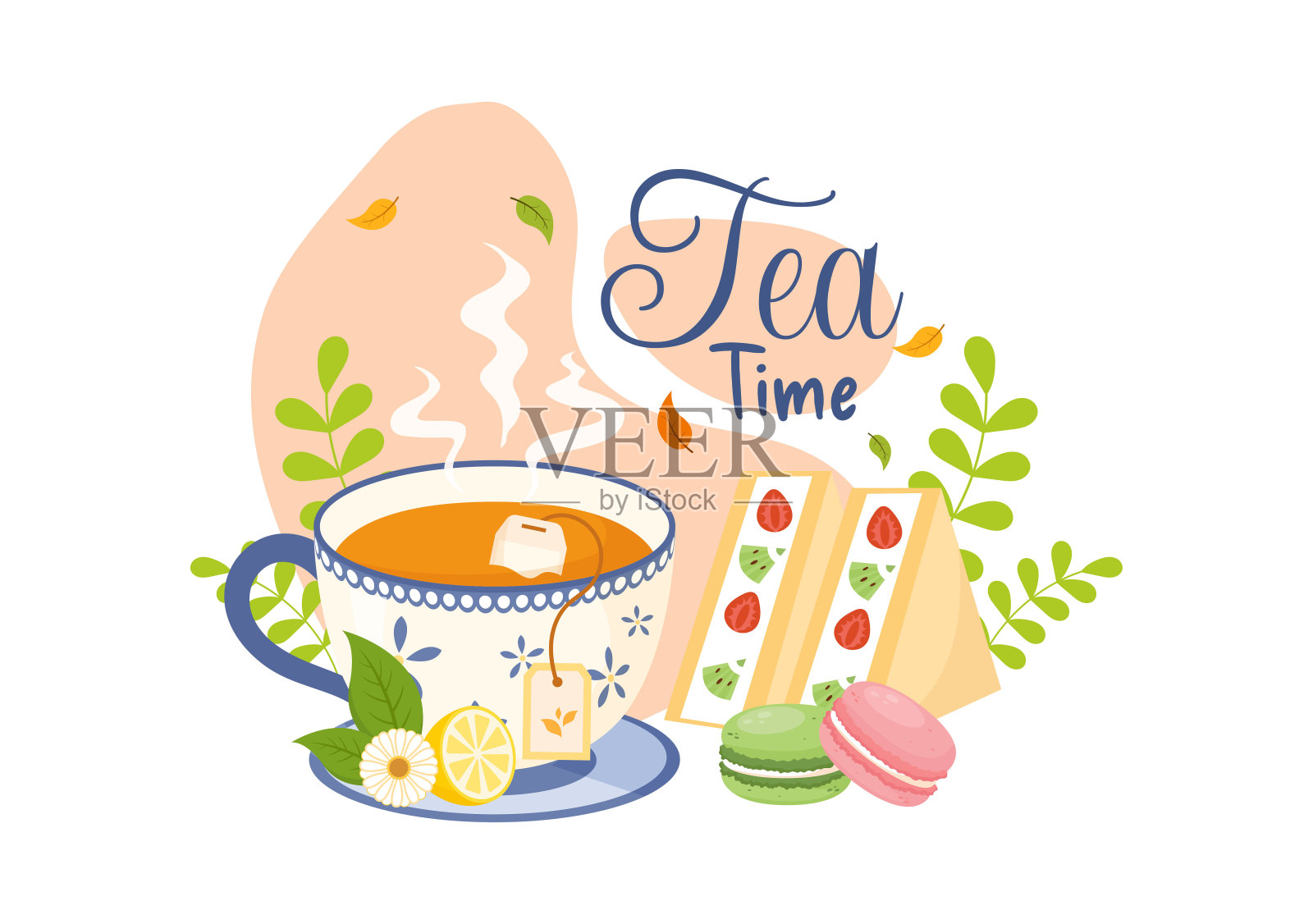 茶时间矢量插图，热饮杯，甜点和饼干通常在平面卡通手绘模板之间完成插画图片素材