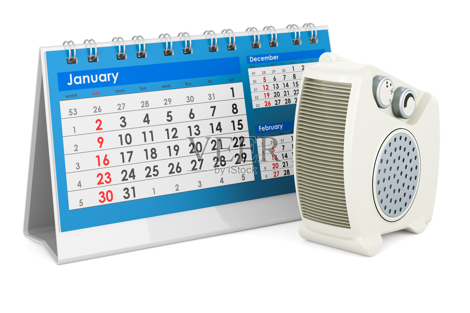 带有台历的风扇加热器。三维渲染照片摄影图片