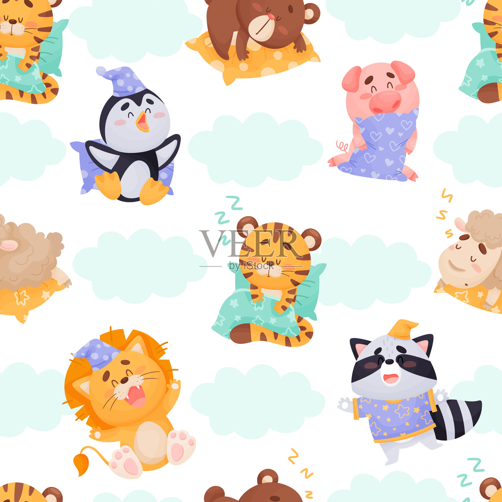 无缝图案与昏昏欲睡的动物与可爱插画图片素材