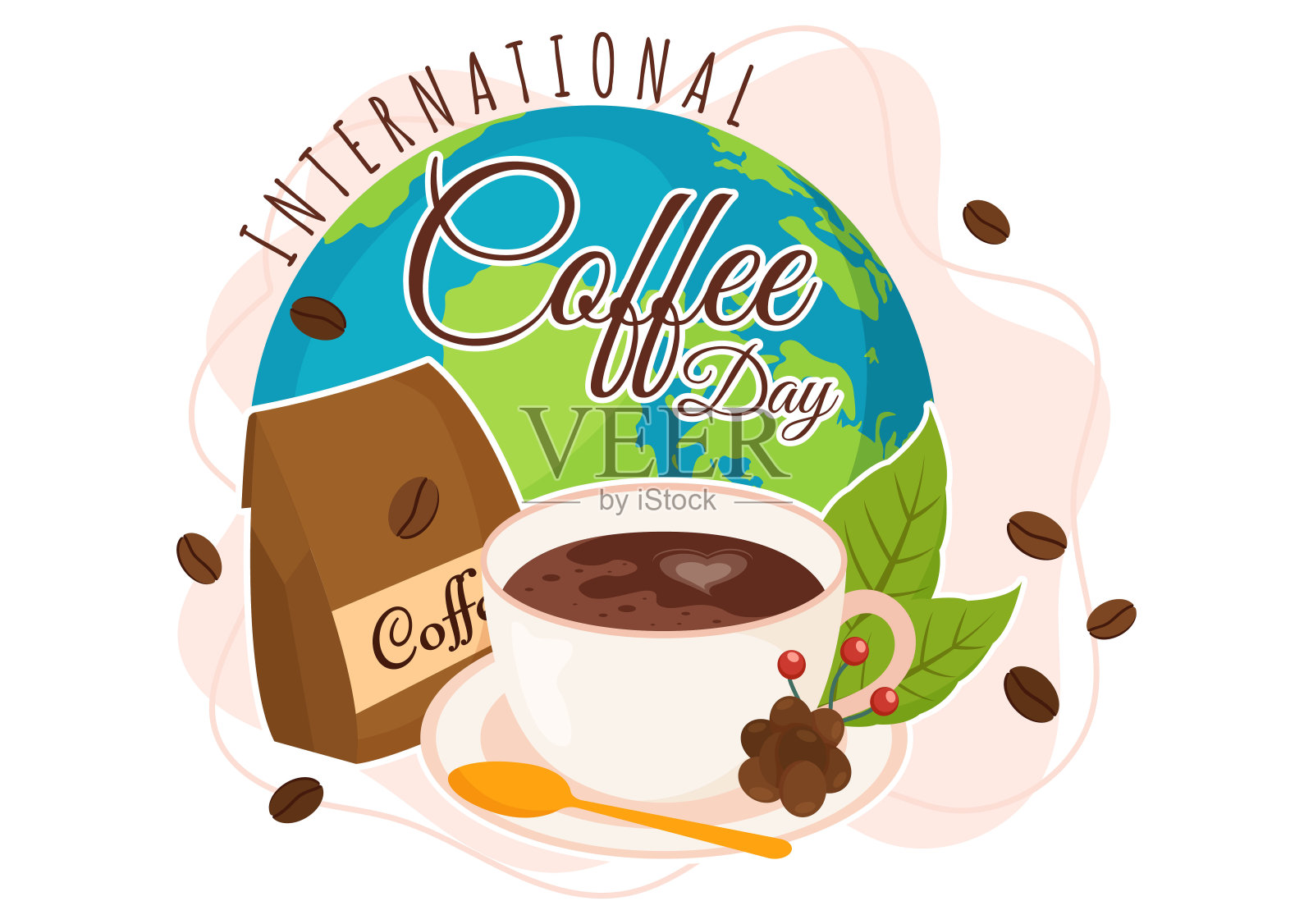 国际咖啡日矢量插图10月1日与有香味的饮料和棕色背景在平面卡通手绘模板插画图片素材
