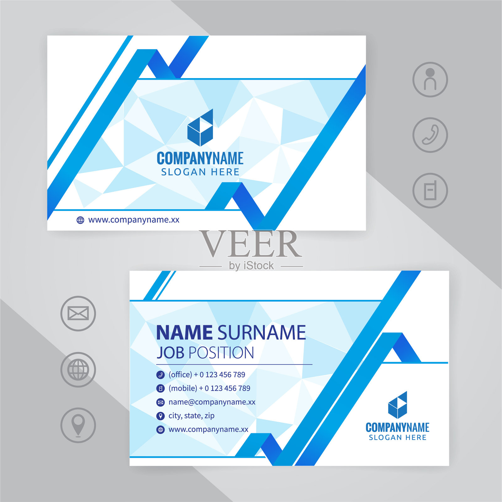 一套蓝色和白色的现代企业名片设计模板，矢量eps 10插画图片素材