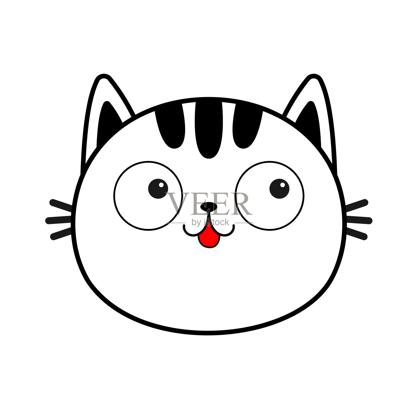黑白色猫脸头部条纹线轮廓轮廓图标。可爱的卡哇伊微笑，露出舌头涂鸦动物。滑稽的卡通人物。宠物收集。平面设计宝宝背景插画图片素材
