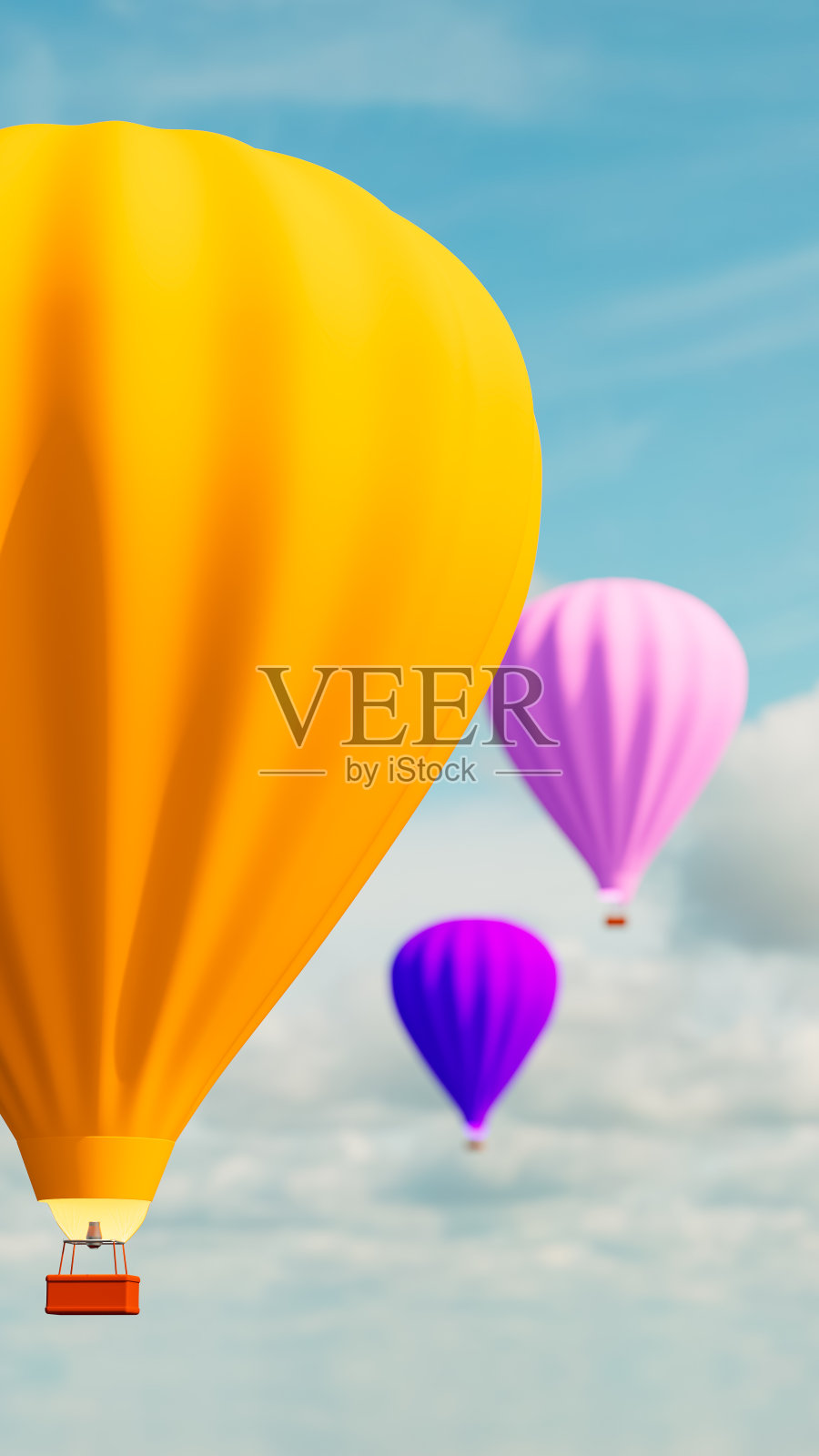 三个热气球飞越蓝天与云彩，旅行和乐趣的主题，3d插图照片摄影图片