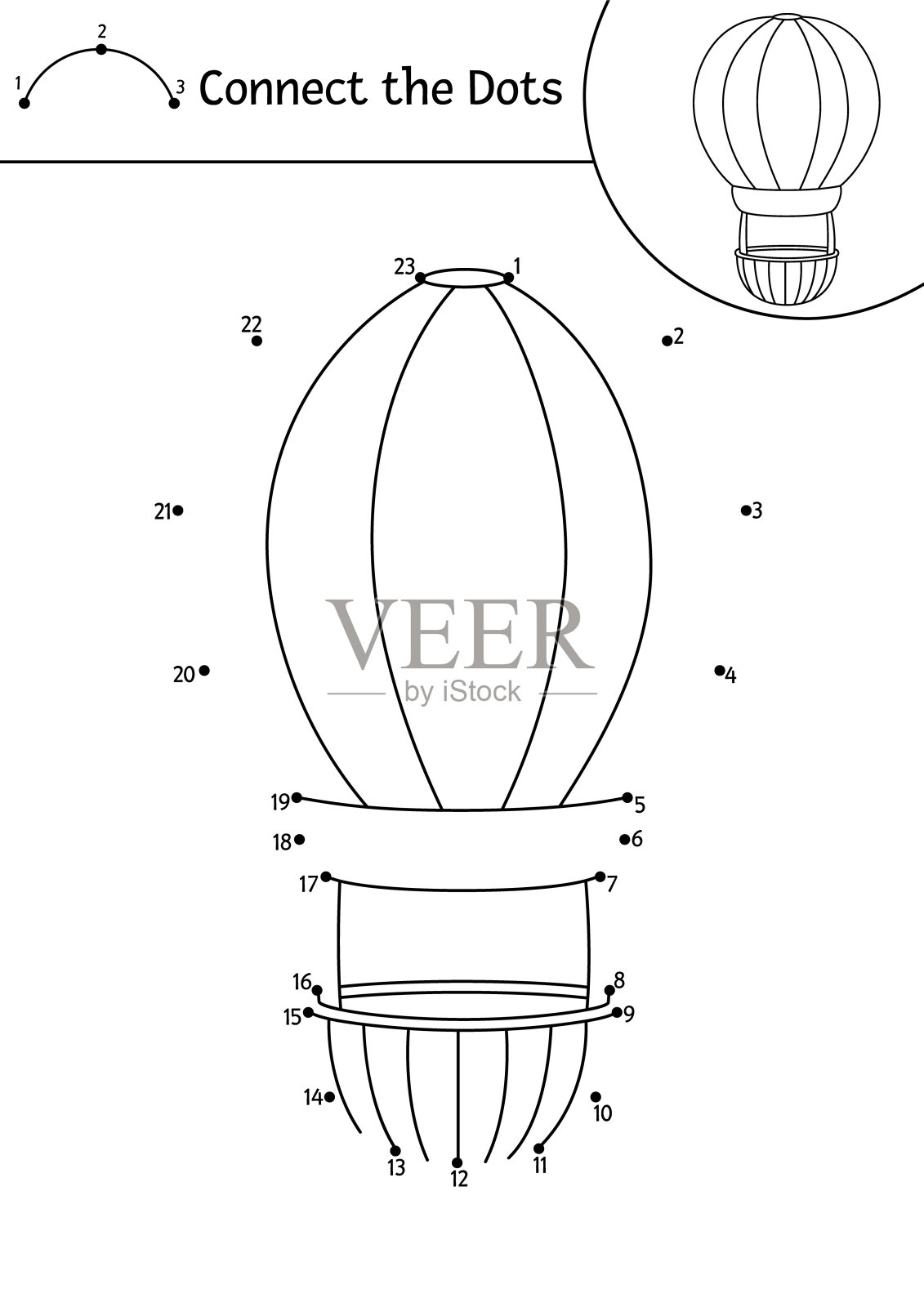 矢量点对点和颜色活动与可爱的热气球。交通接点游戏，适合小朋友玩有趣的飞艇。儿童航空运输着色页。打印工作表插画图片素材