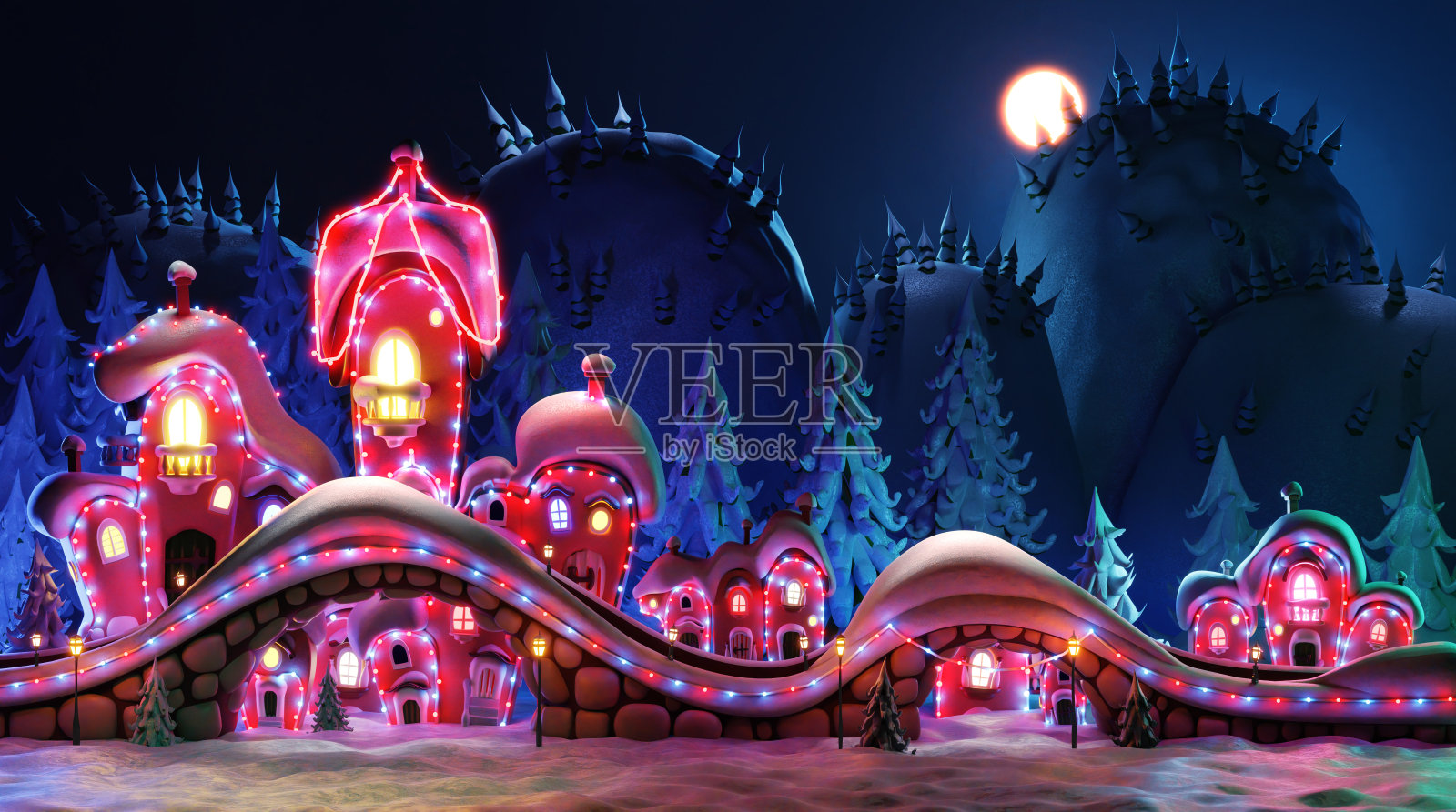 圣诞精灵村夜景，周围有圣诞森林和山脉。有灯的漂亮房子。3D渲染图照片摄影图片