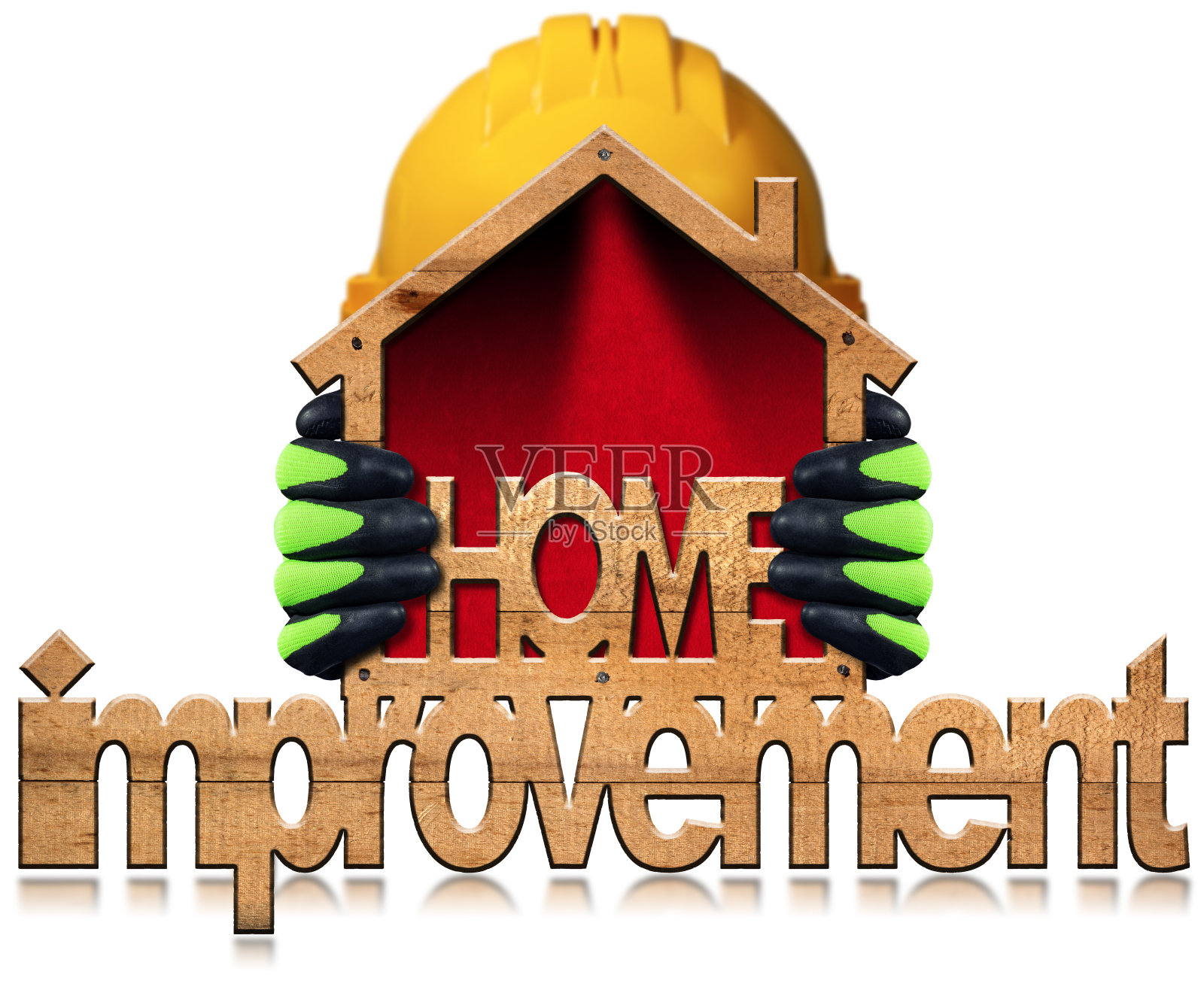 戴着手套的手拿着一个小木屋，上面写着家居装修照片摄影图片