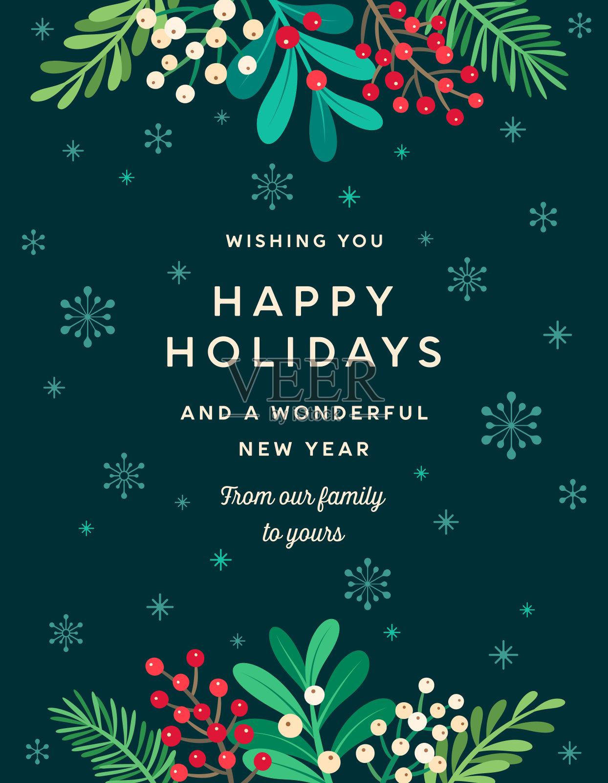 节日圣诞背景与槲寄生树枝，浆果和雪花插画图片素材