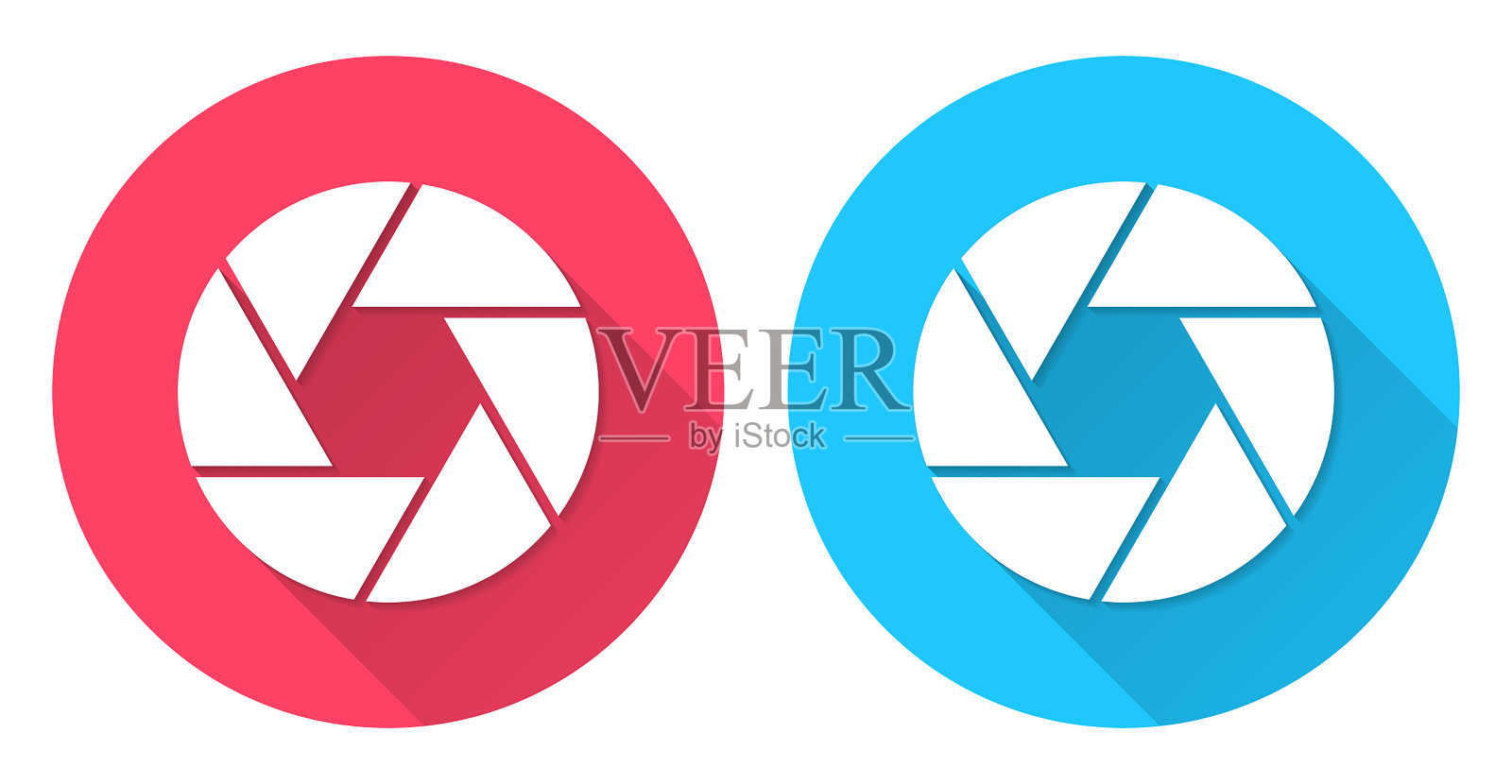 相机快门。圆形图标与长阴影在红色或蓝色的背景插画图片素材