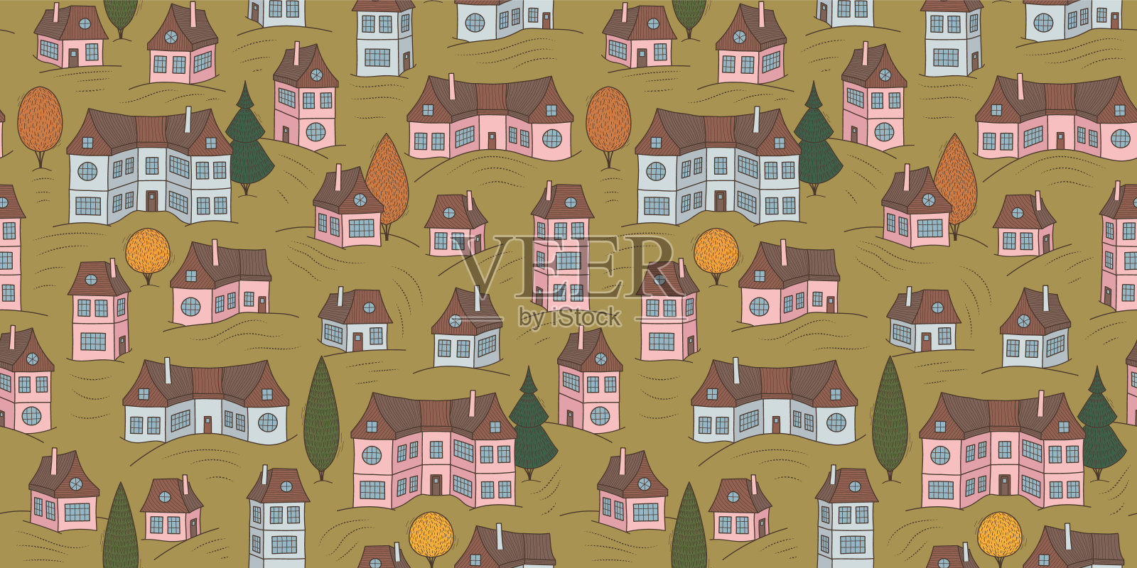 无缝图案与可爱的房子，秋天的插图。插画图片素材