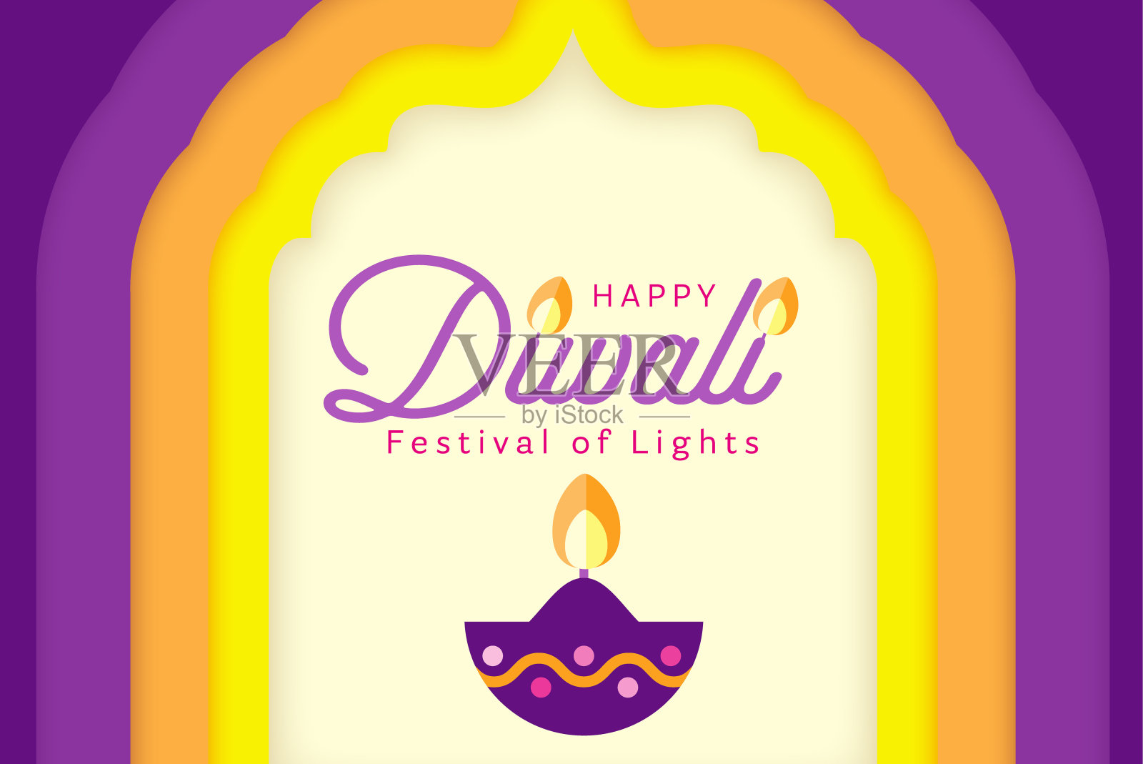 快乐排灯节抽象贺卡平面设计模板与节日Diya插画图片素材