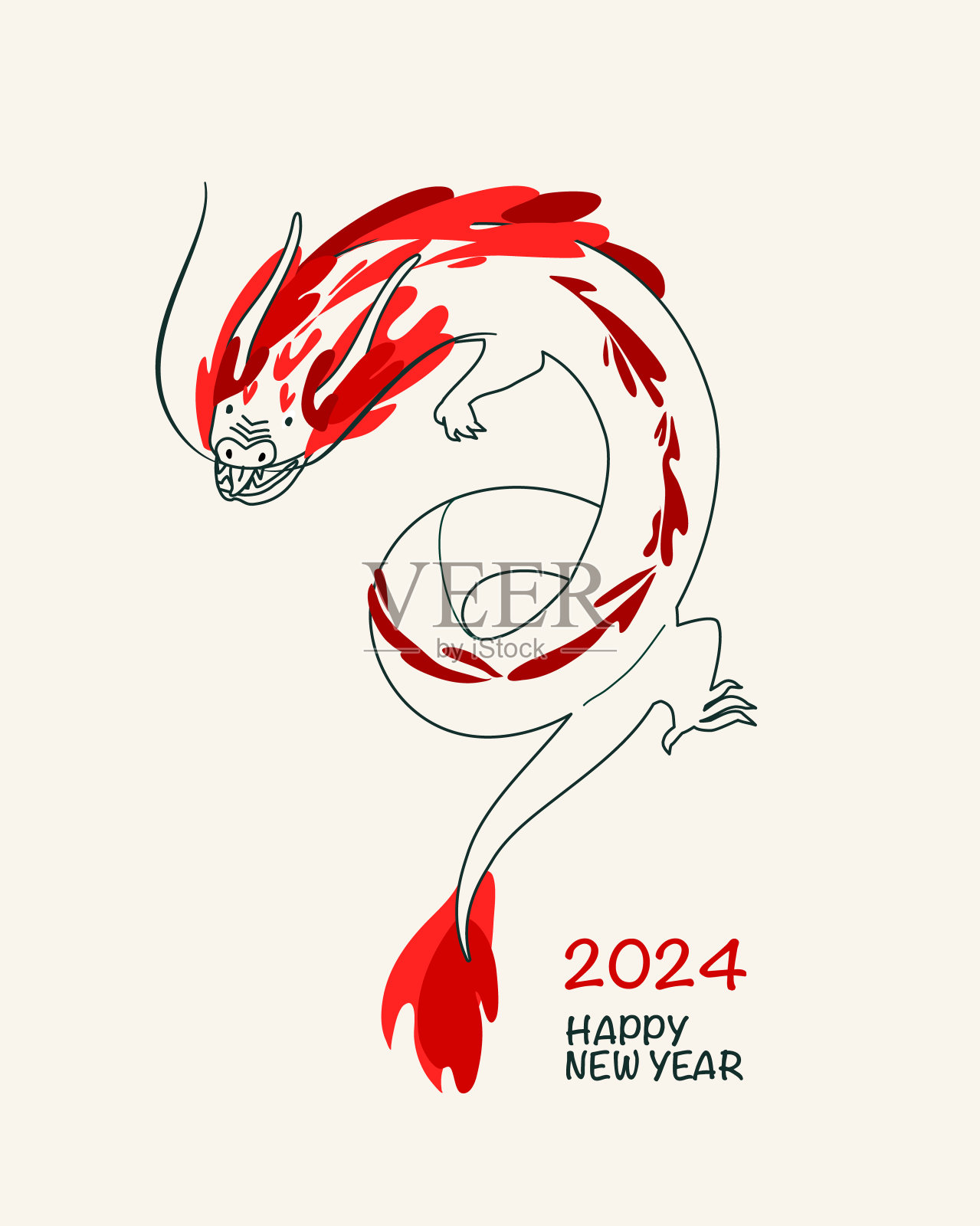 祝大家2024年春节快乐。矢量插图的绿色木龙在手绘线的风格。明信片或海报设计模板。插画图片素材