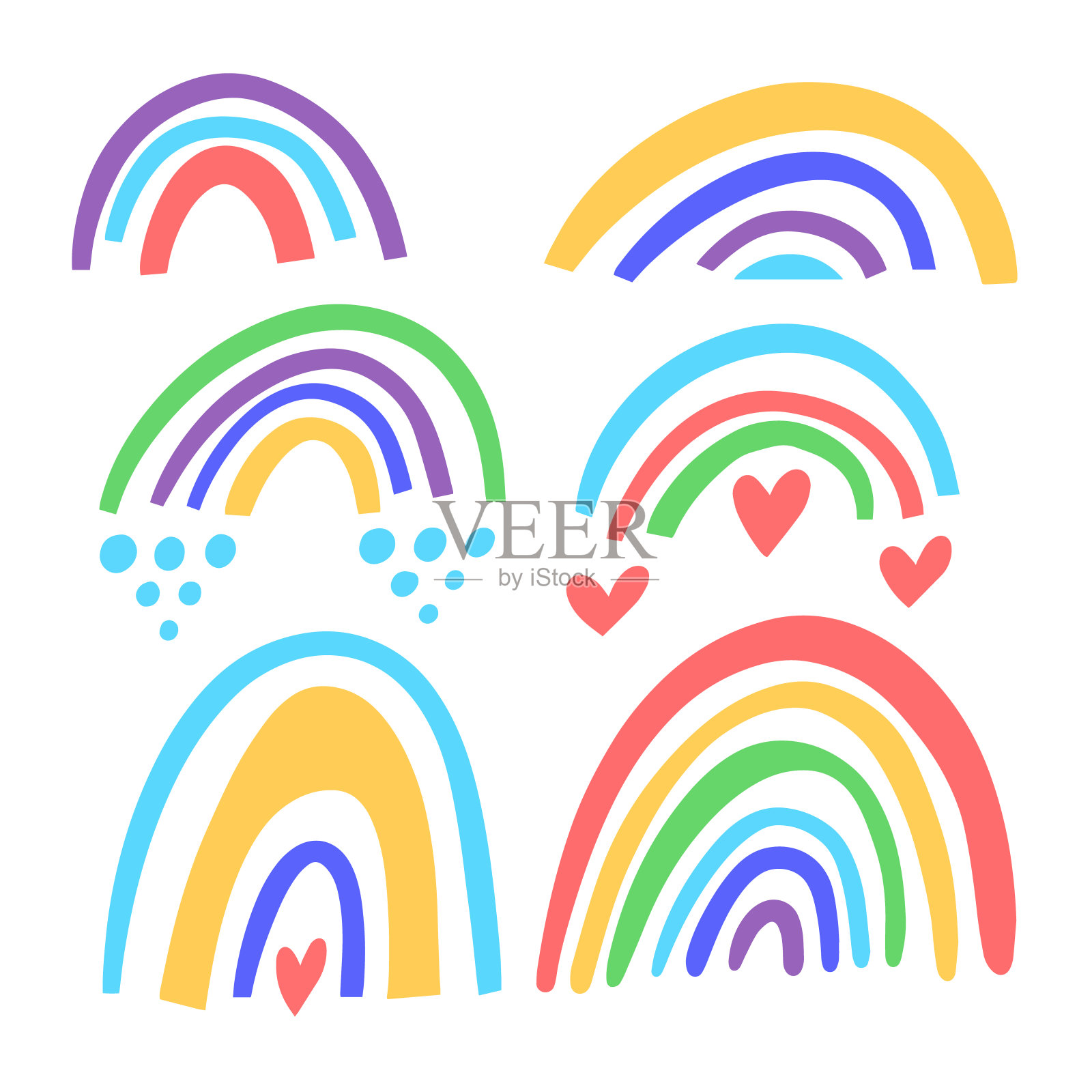 抽象彩虹集儿童风格。卡通彩色矢量艺术。插画图片素材