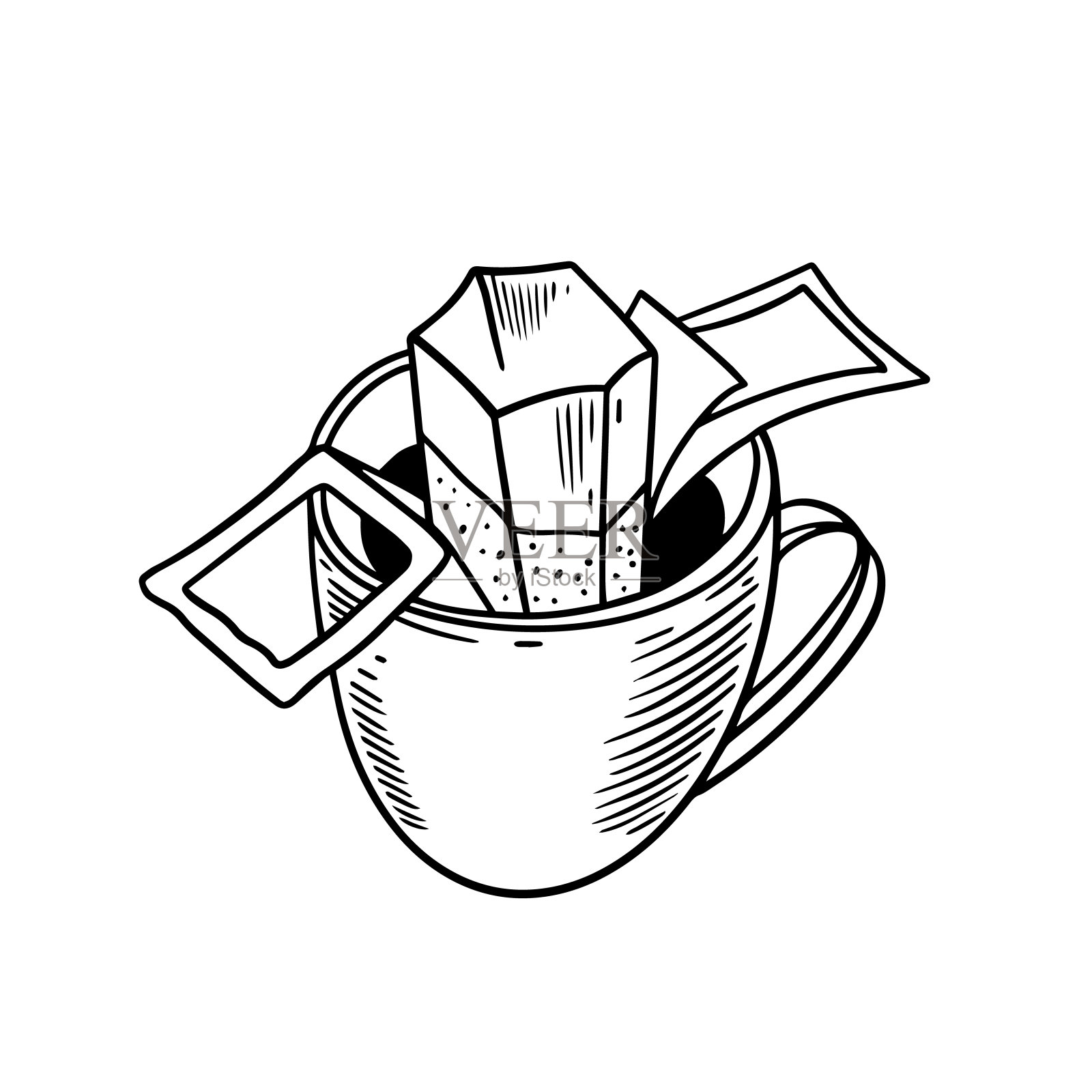 在杯子里滴咖啡。黑白彩色素描艺术。插画图片素材