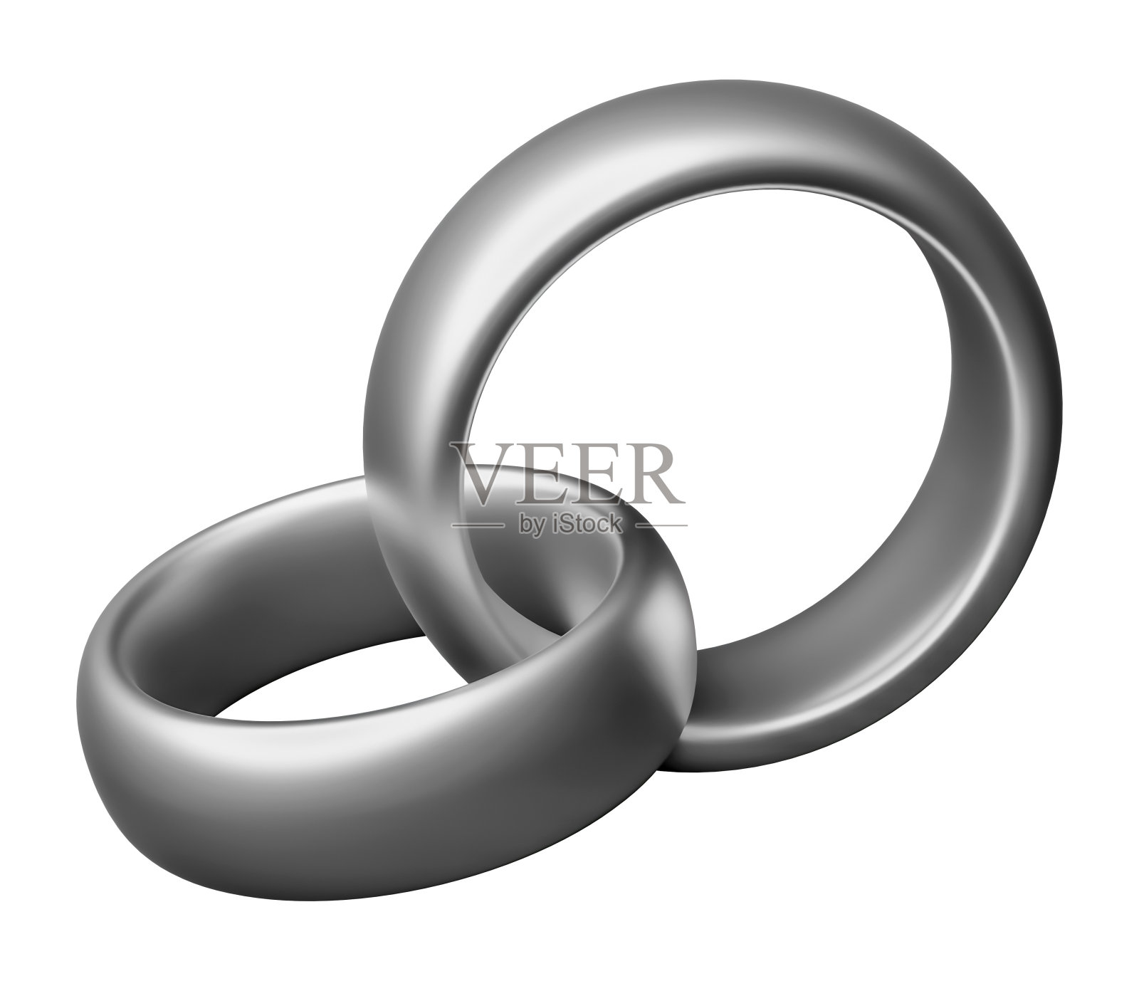 两个交织在一起的银戒指象征着爱情和婚姻的统一。孤立于白色照片摄影图片