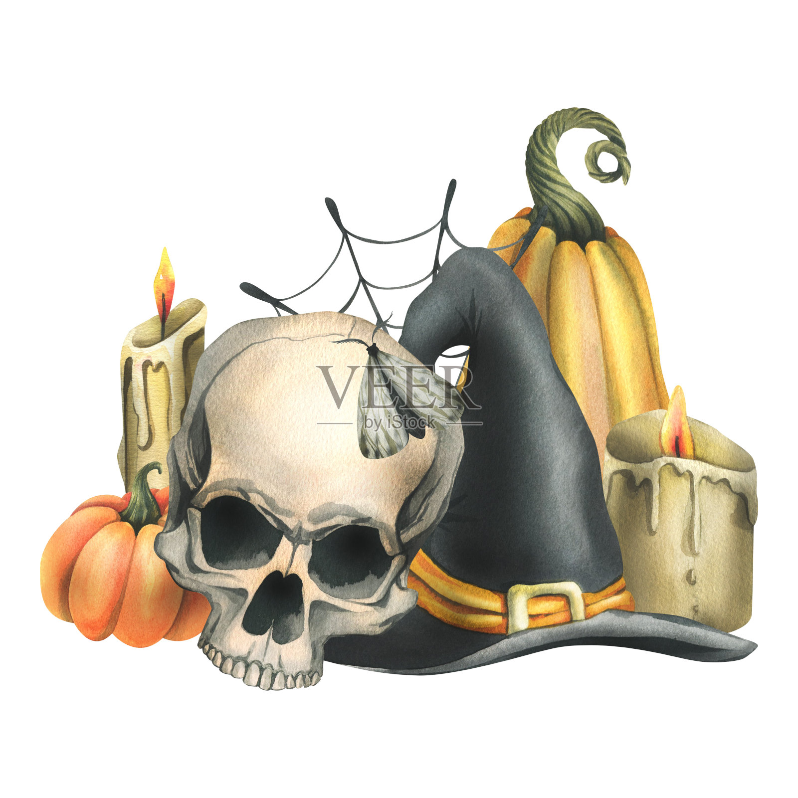 戴着黑女巫帽的骷髅头，橙色南瓜，蜘蛛网，蜡烛。手绘水彩插图万圣节。白色背景上孤立的构图。插画图片素材
