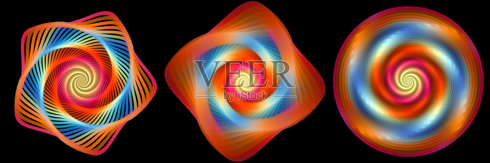 集三个分形几何螺旋设计元素黑色。照片摄影图片